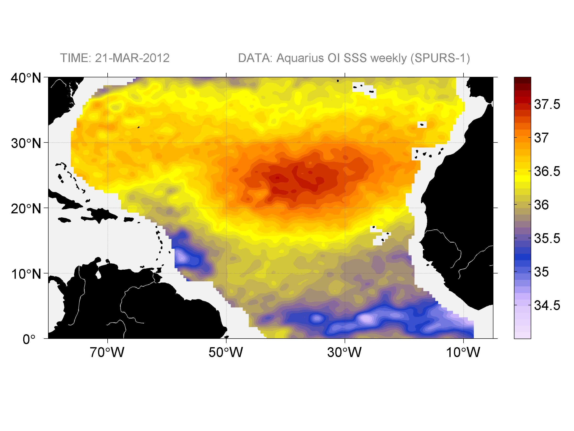 Weekly gridded map of sea surface salinity, week ofMarch 21, 2012.