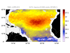Sea surface salinity, April 4, 2012