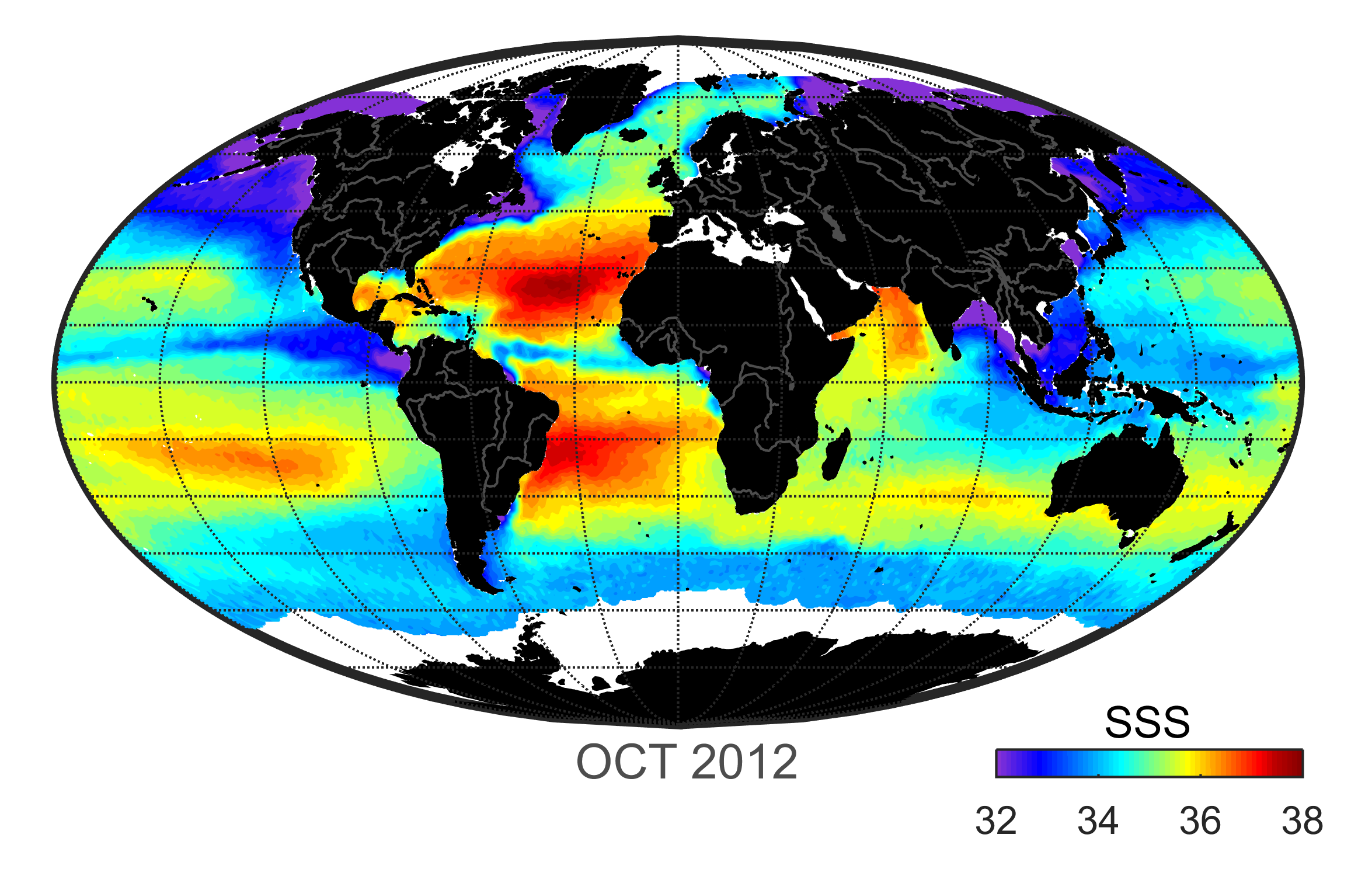 Global map of monthly sea surface salinity, October 2012.