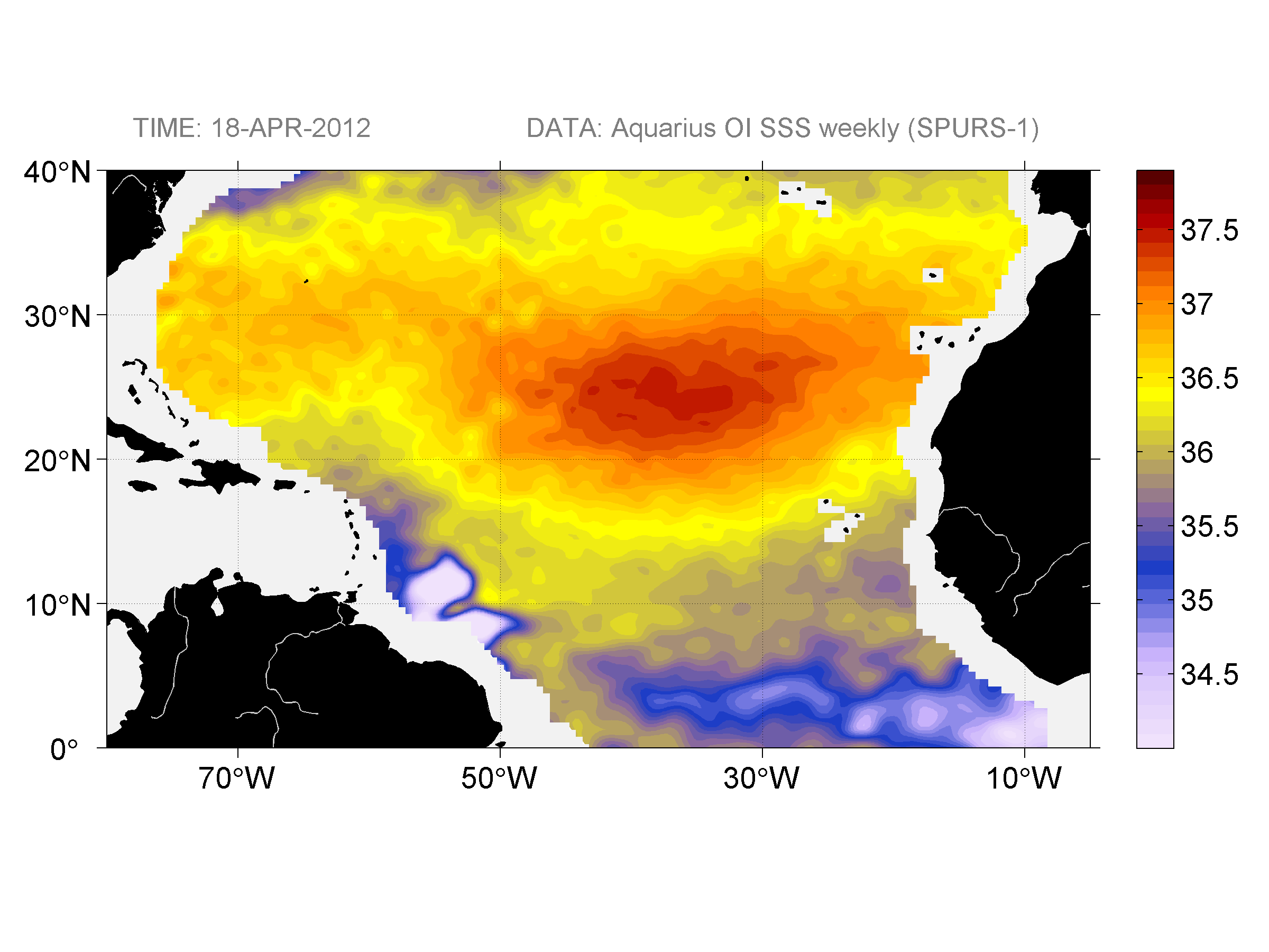 Weekly gridded map of sea surface salinity, week ofApril 18, 2012.