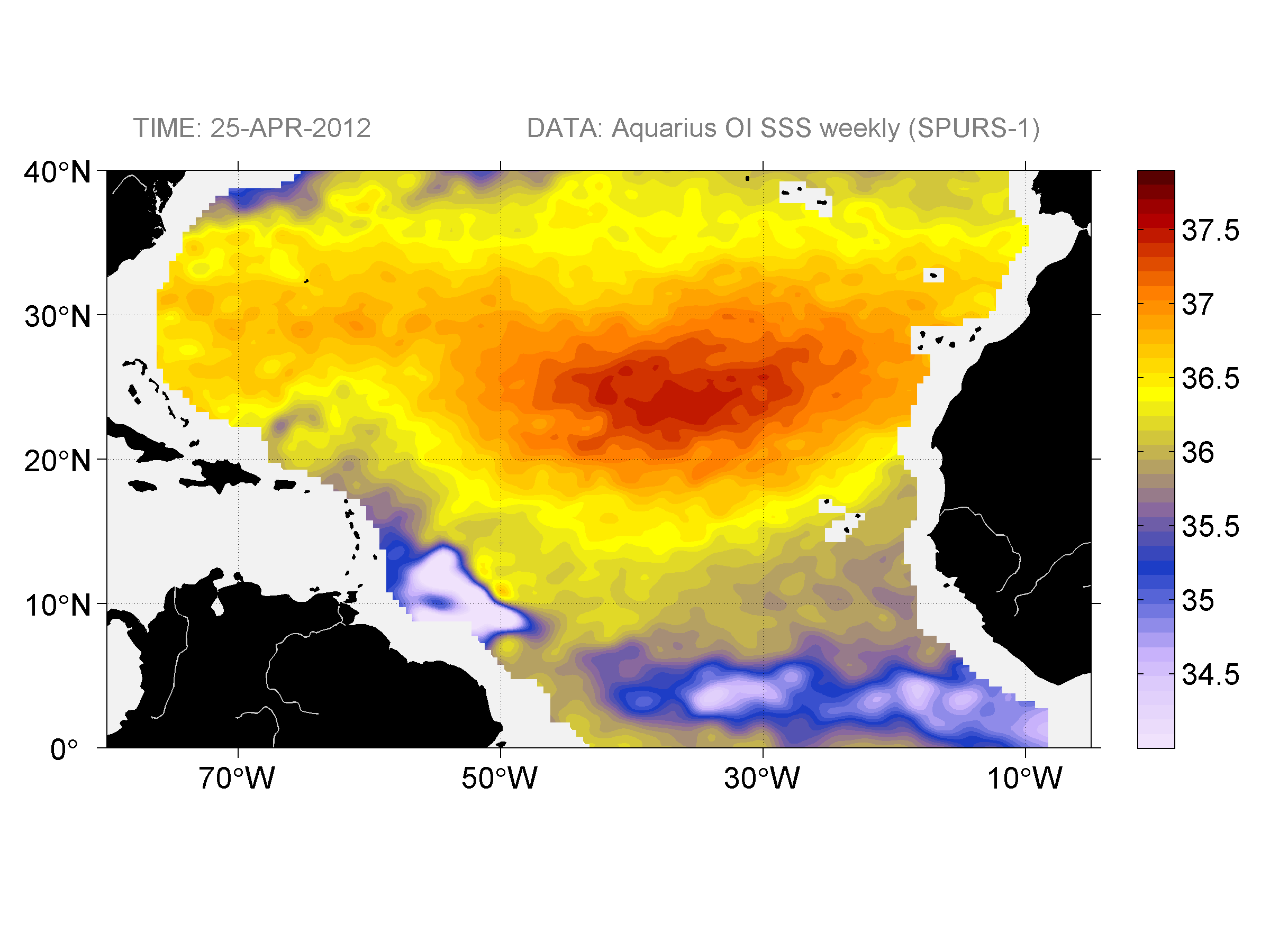 Weekly gridded map of sea surface salinity, week ofApril 25, 2012.