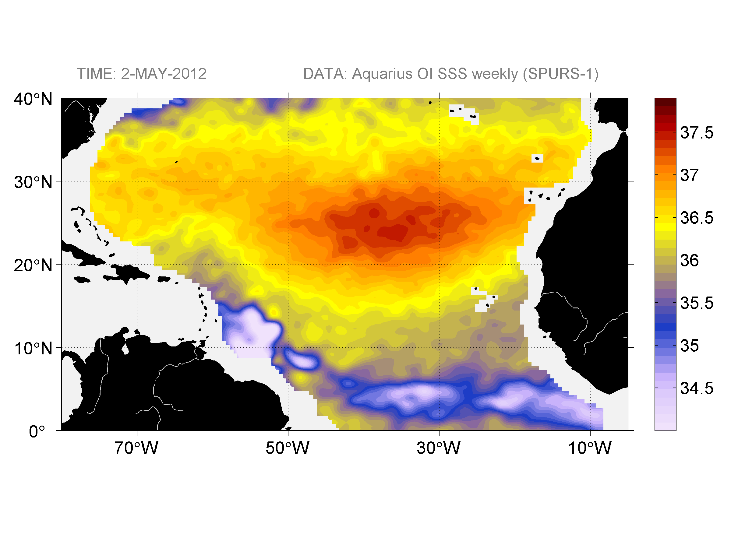 Weekly gridded map of sea surface salinity, week ofMay 2, 2012.