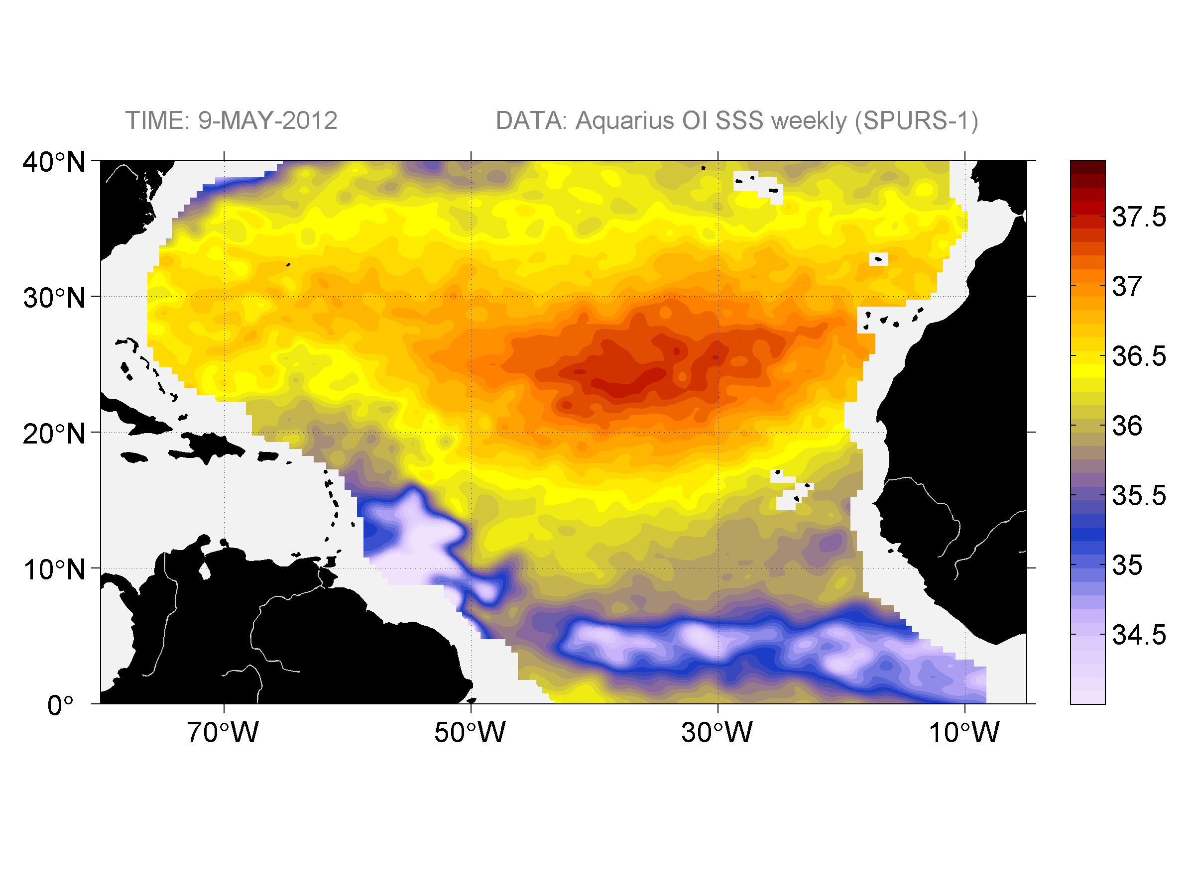 Weekly gridded map of sea surface salinity, week ofMay 9, 2012.