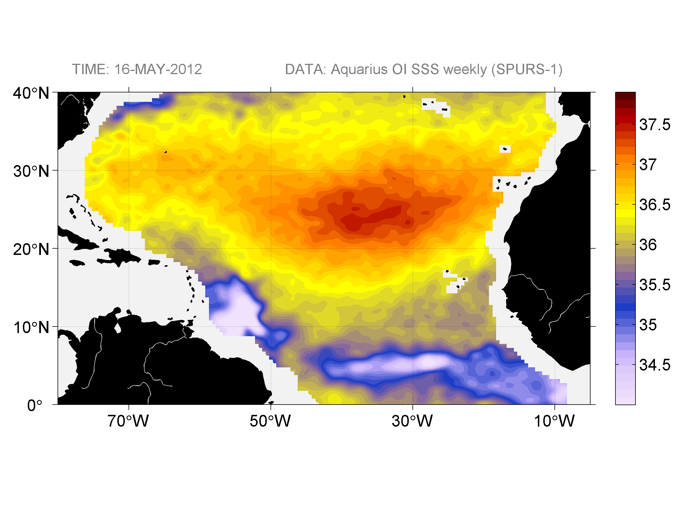Weekly gridded map of sea surface salinity, week ofMay 16, 2012.