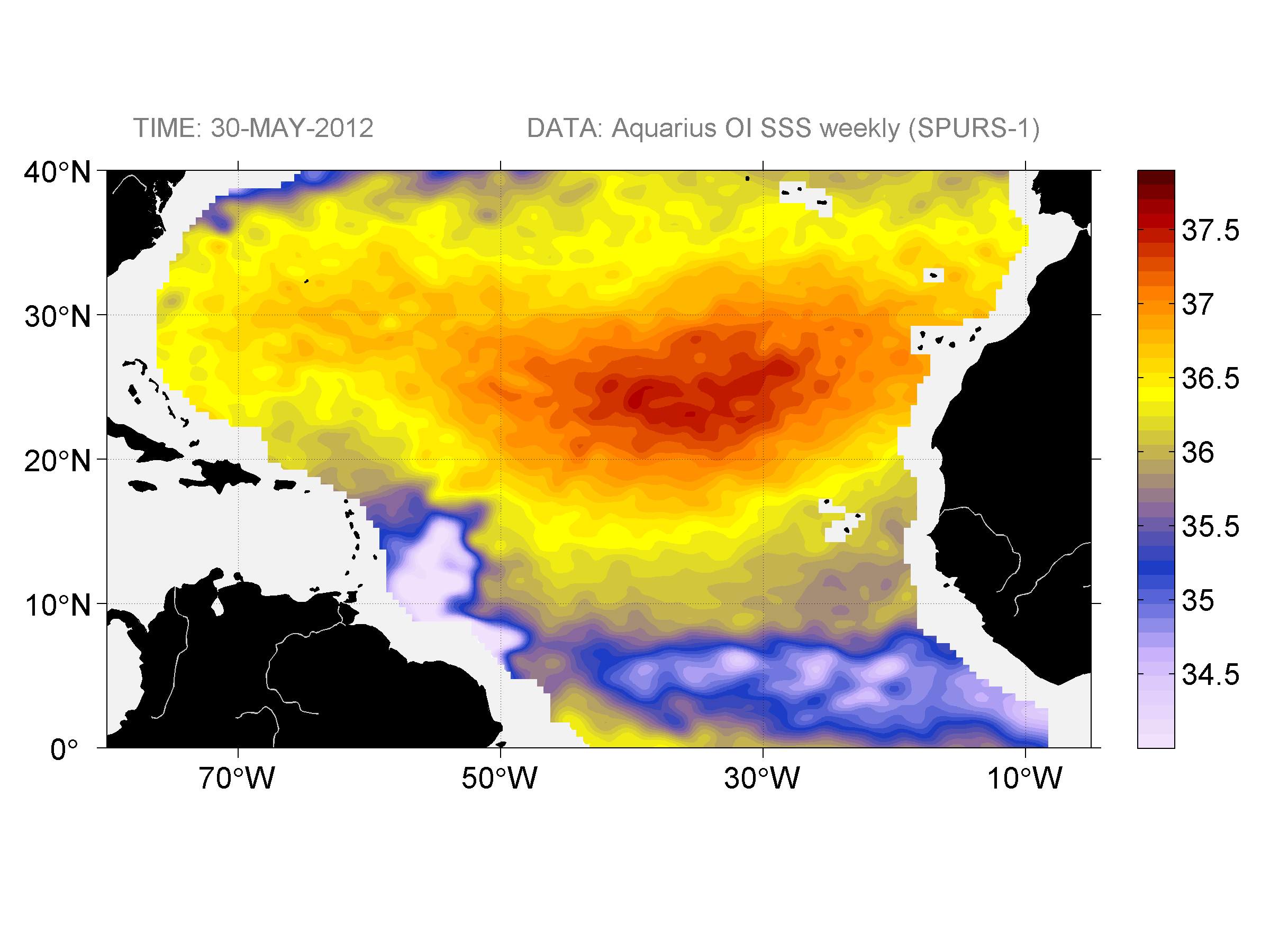 Weekly gridded map of sea surface salinity, week ofMay 30, 2012.