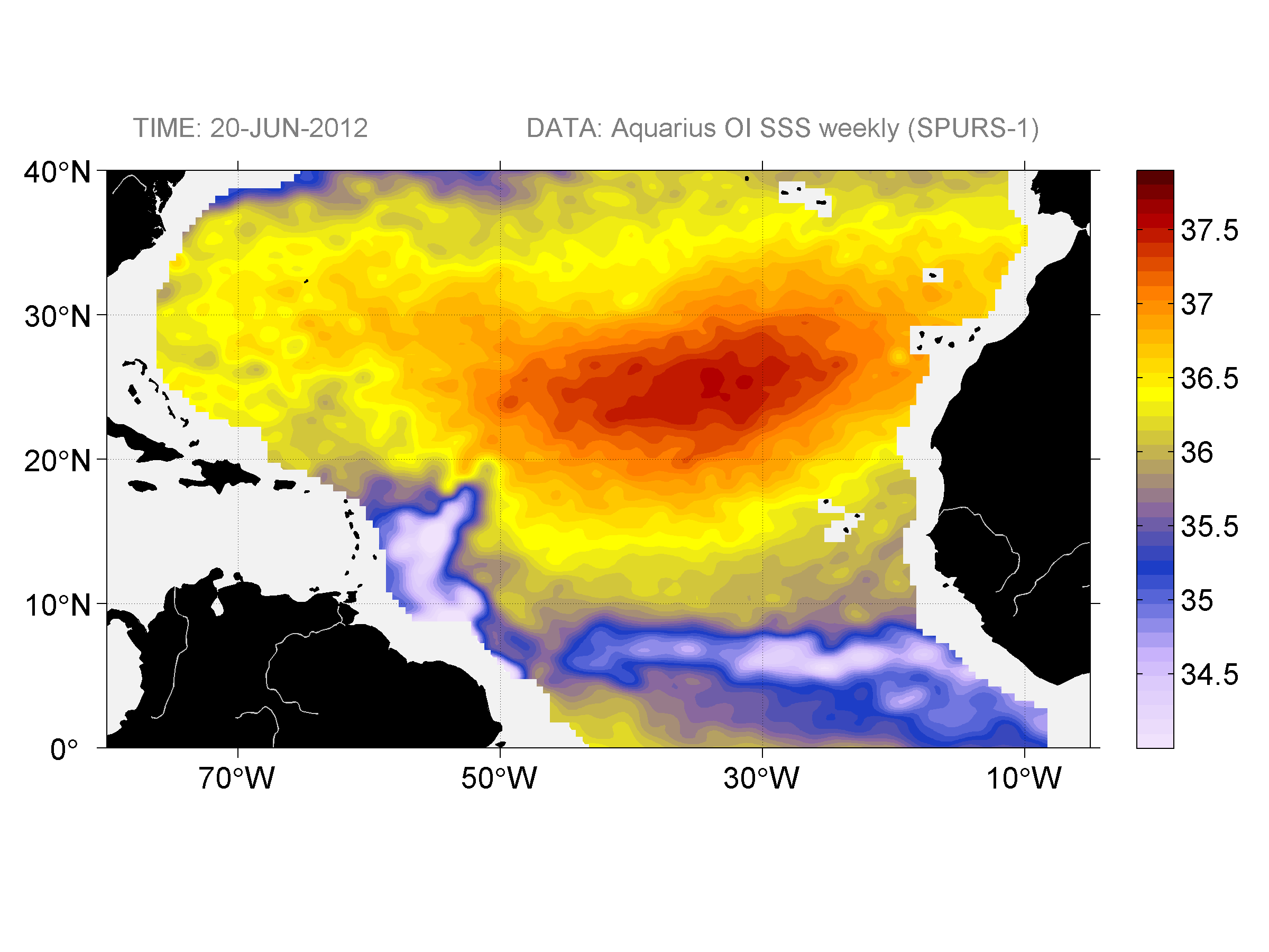 Weekly gridded map of sea surface salinity, week ofJune 20, 2012.