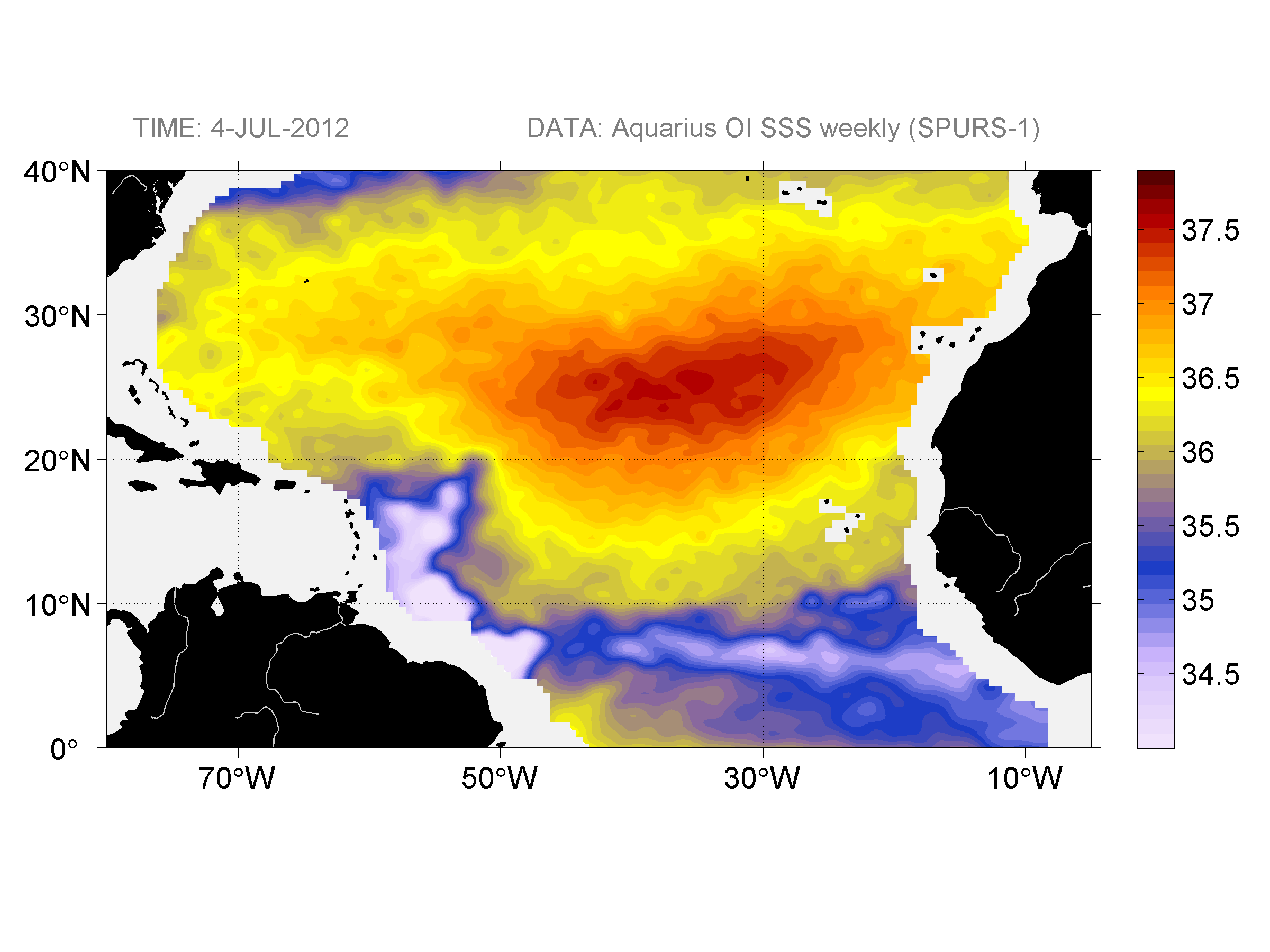 Weekly gridded map of sea surface salinity, week ofJuly 4, 2012.