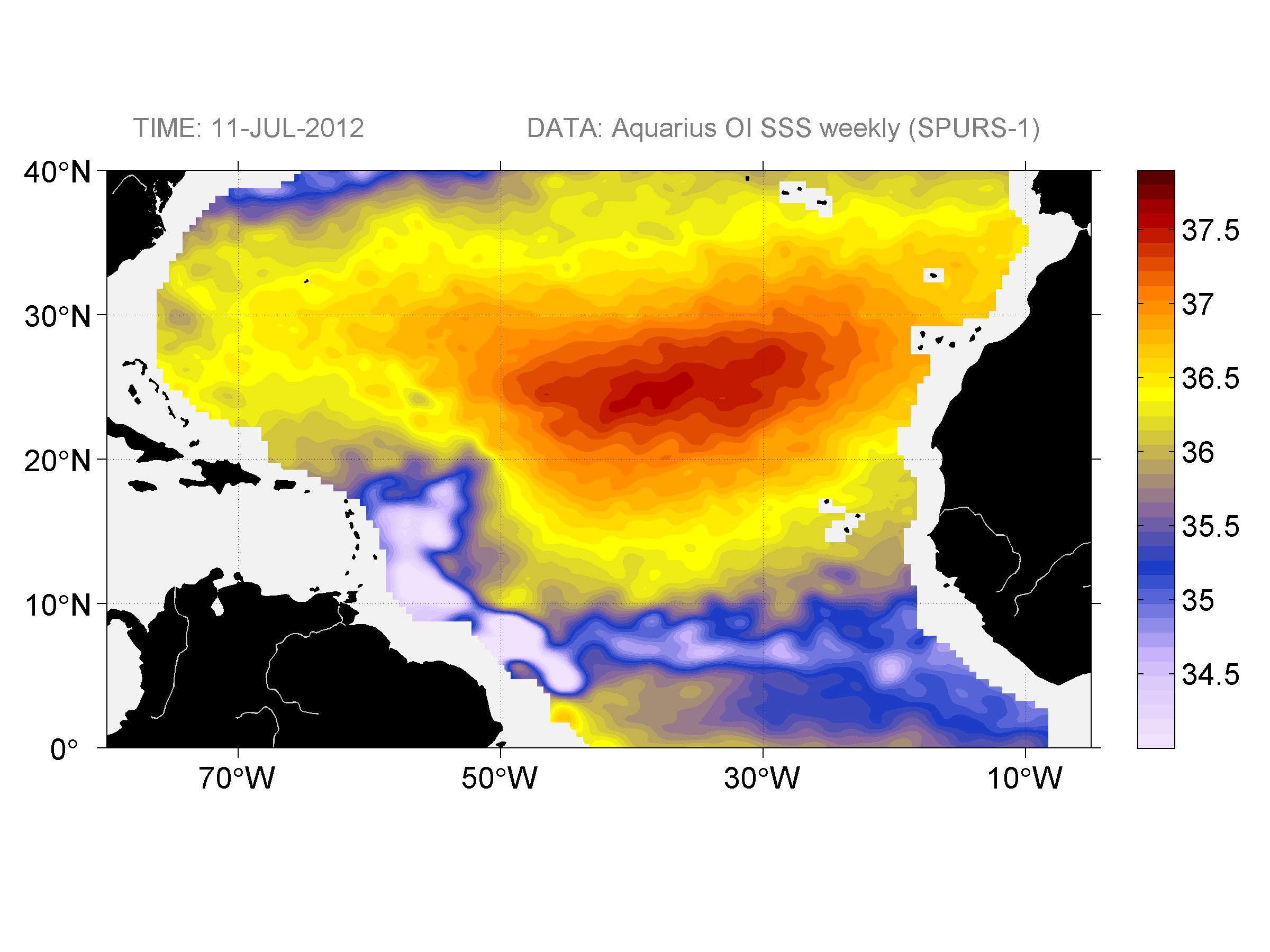 Weekly gridded map of sea surface salinity, week ofJuly 11, 2012.