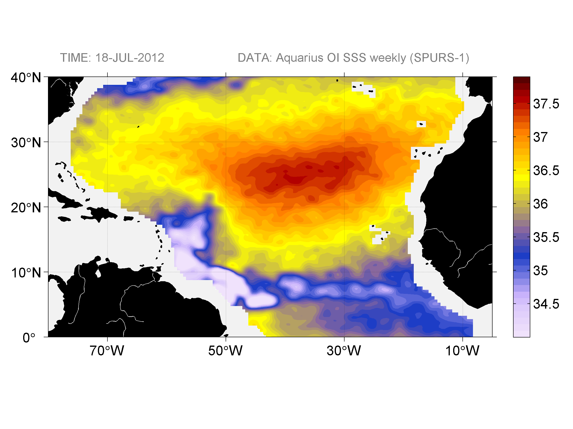 Weekly gridded map of sea surface salinity, week ofJuly 18, 2012.