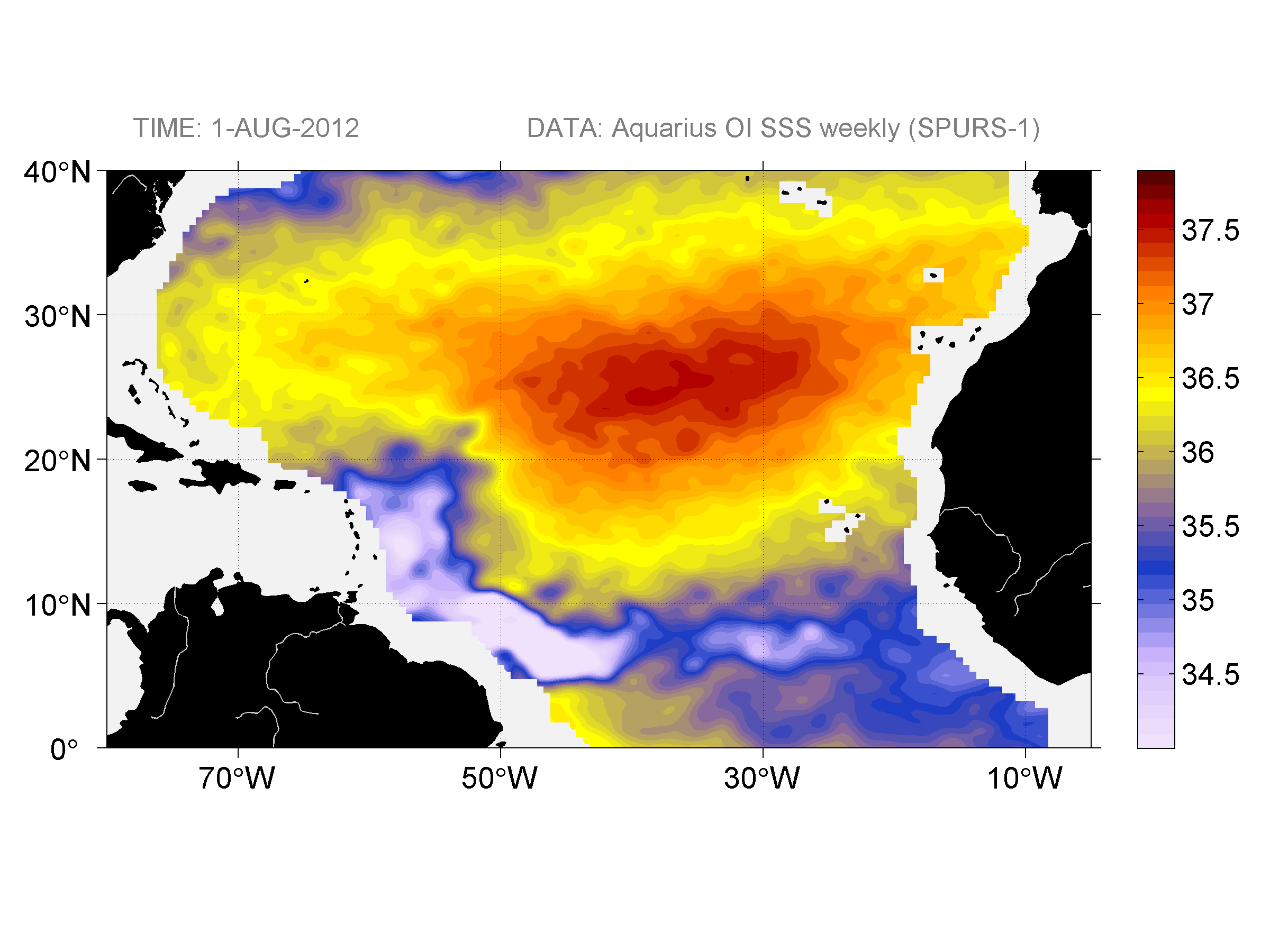 Weekly gridded map of sea surface salinity, week ofAugust 1, 2012.