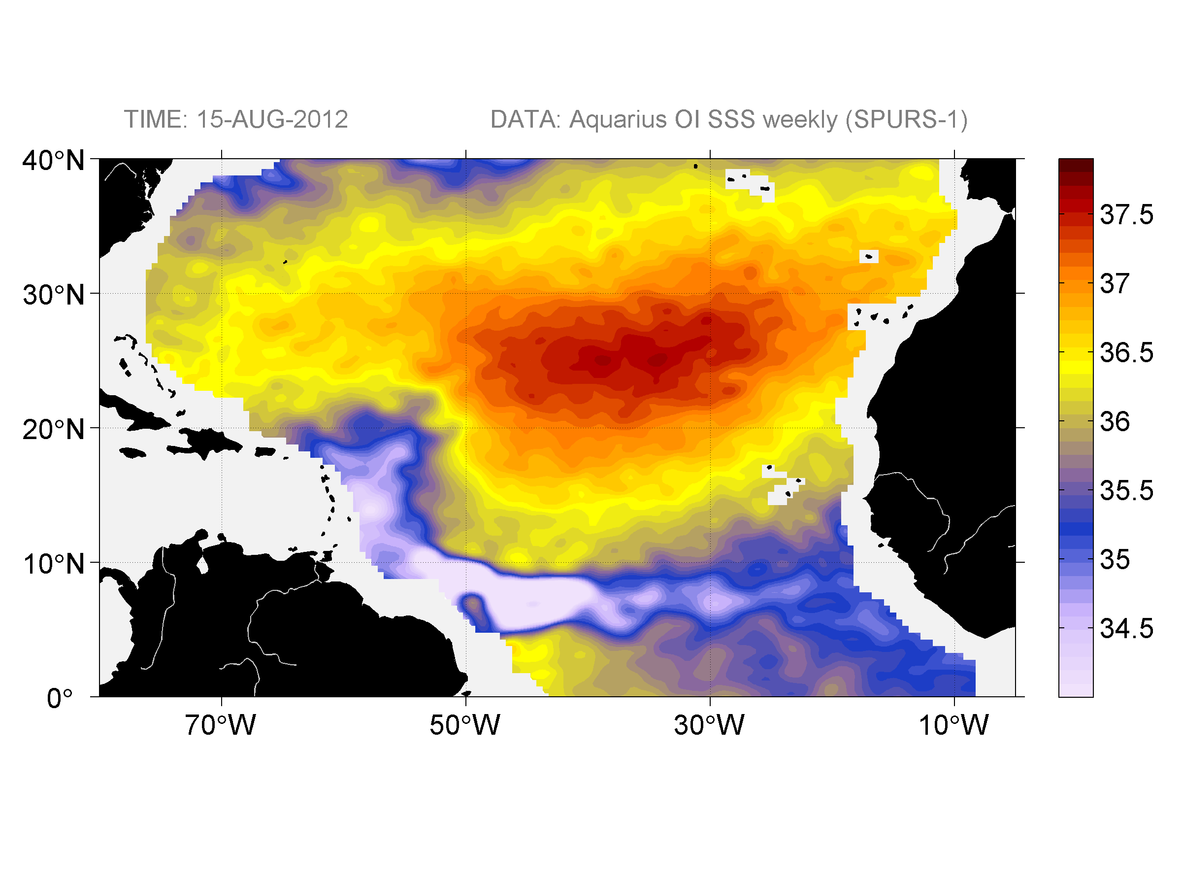 Weekly gridded map of sea surface salinity, week ofAugust 15, 2012.