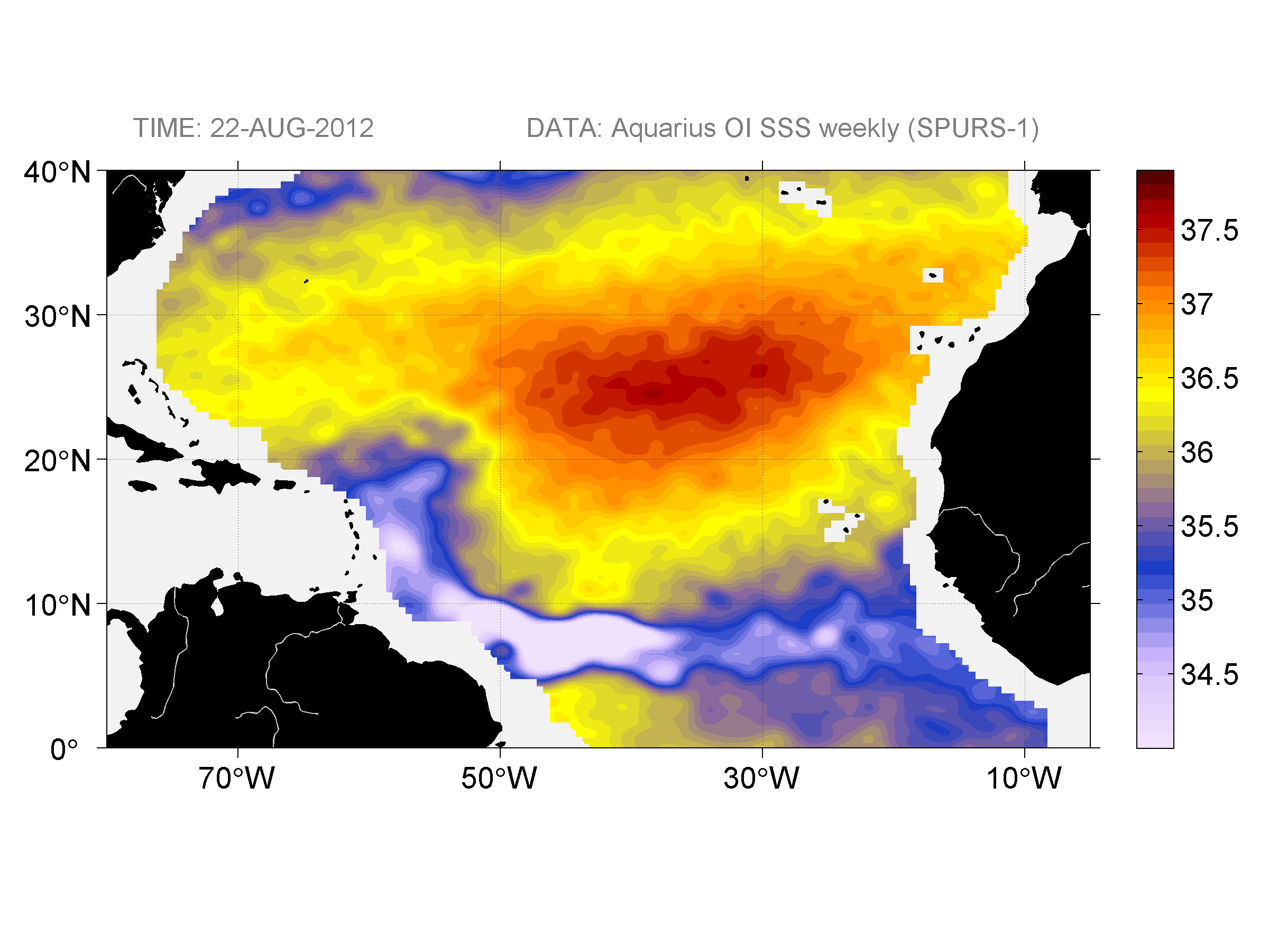 Weekly gridded map of sea surface salinity, week ofAugust 22, 2012.