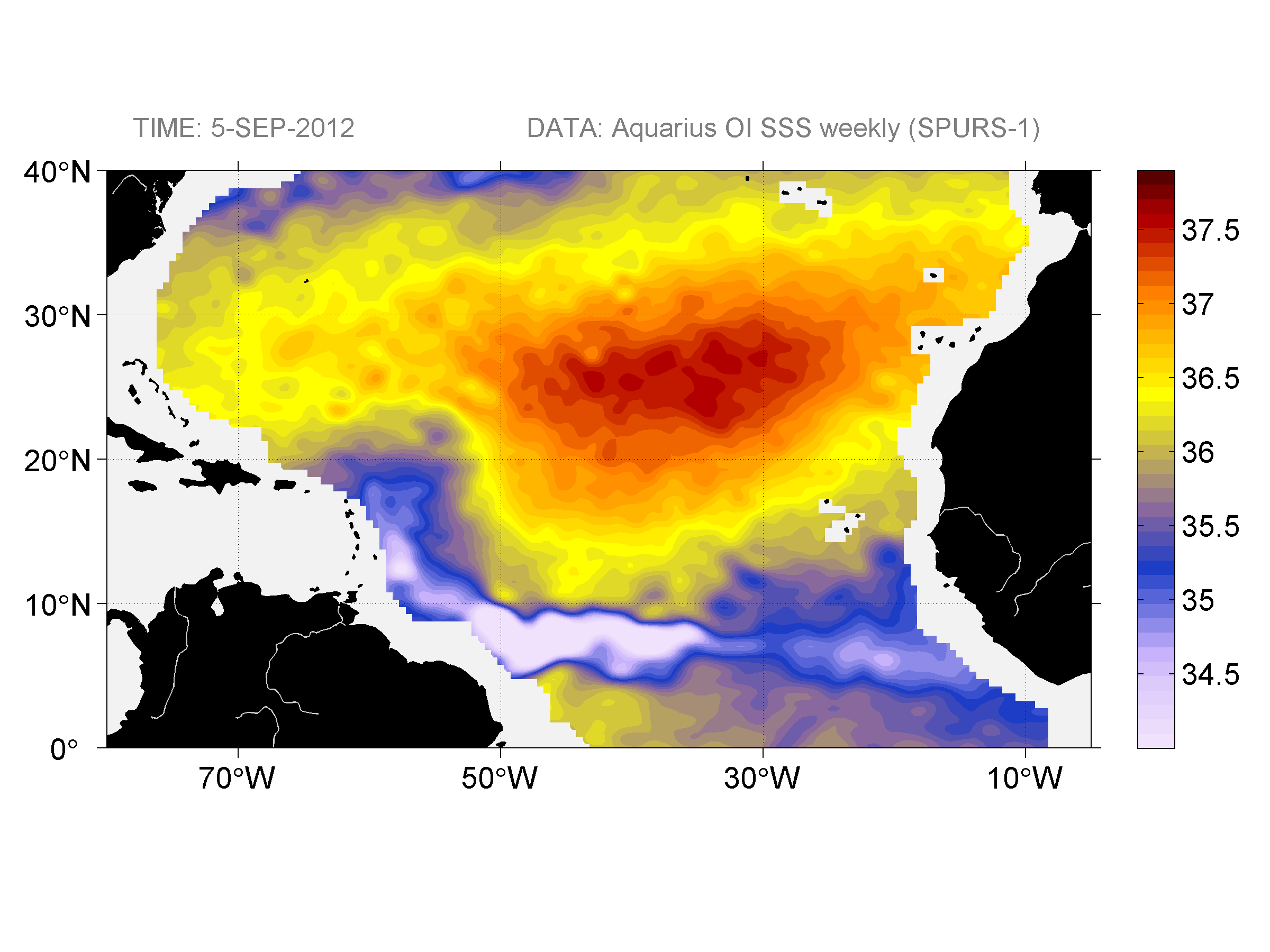 Weekly gridded map of sea surface salinity, week ofSeptember 5, 2012.