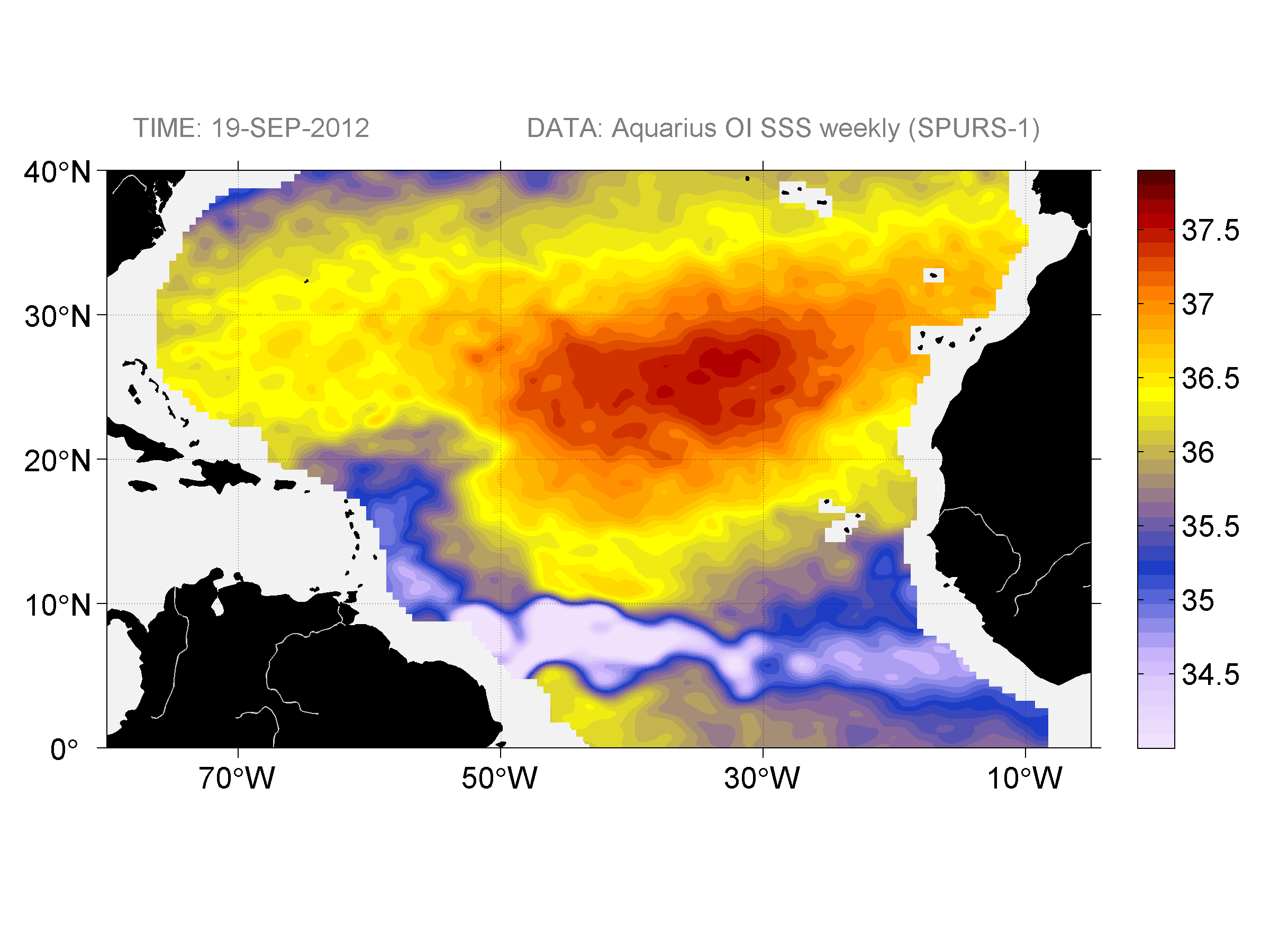 Weekly gridded map of sea surface salinity, week ofSeptember 19, 2012.