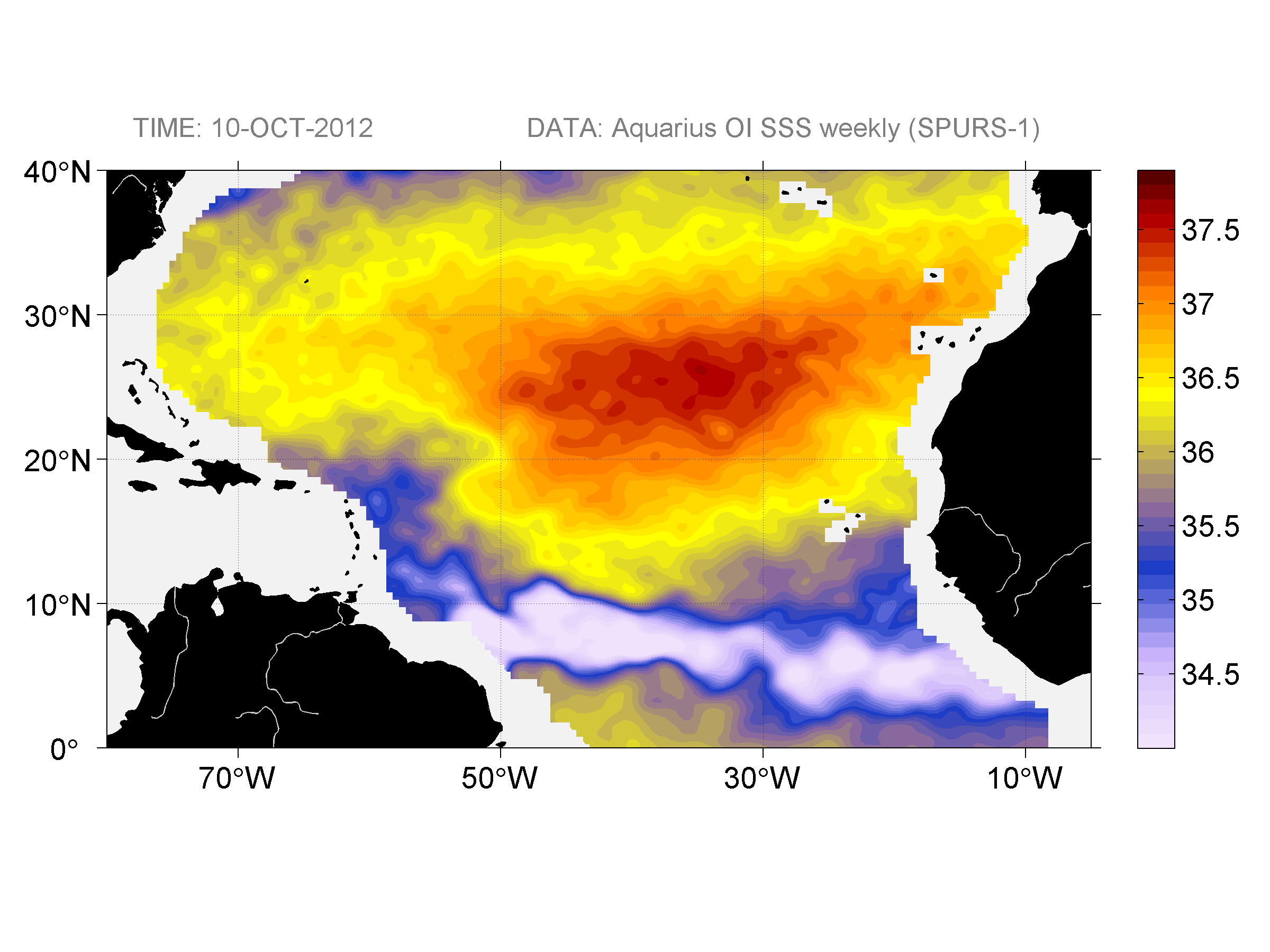 Weekly gridded map of sea surface salinity, week ofOctober 10, 2012.