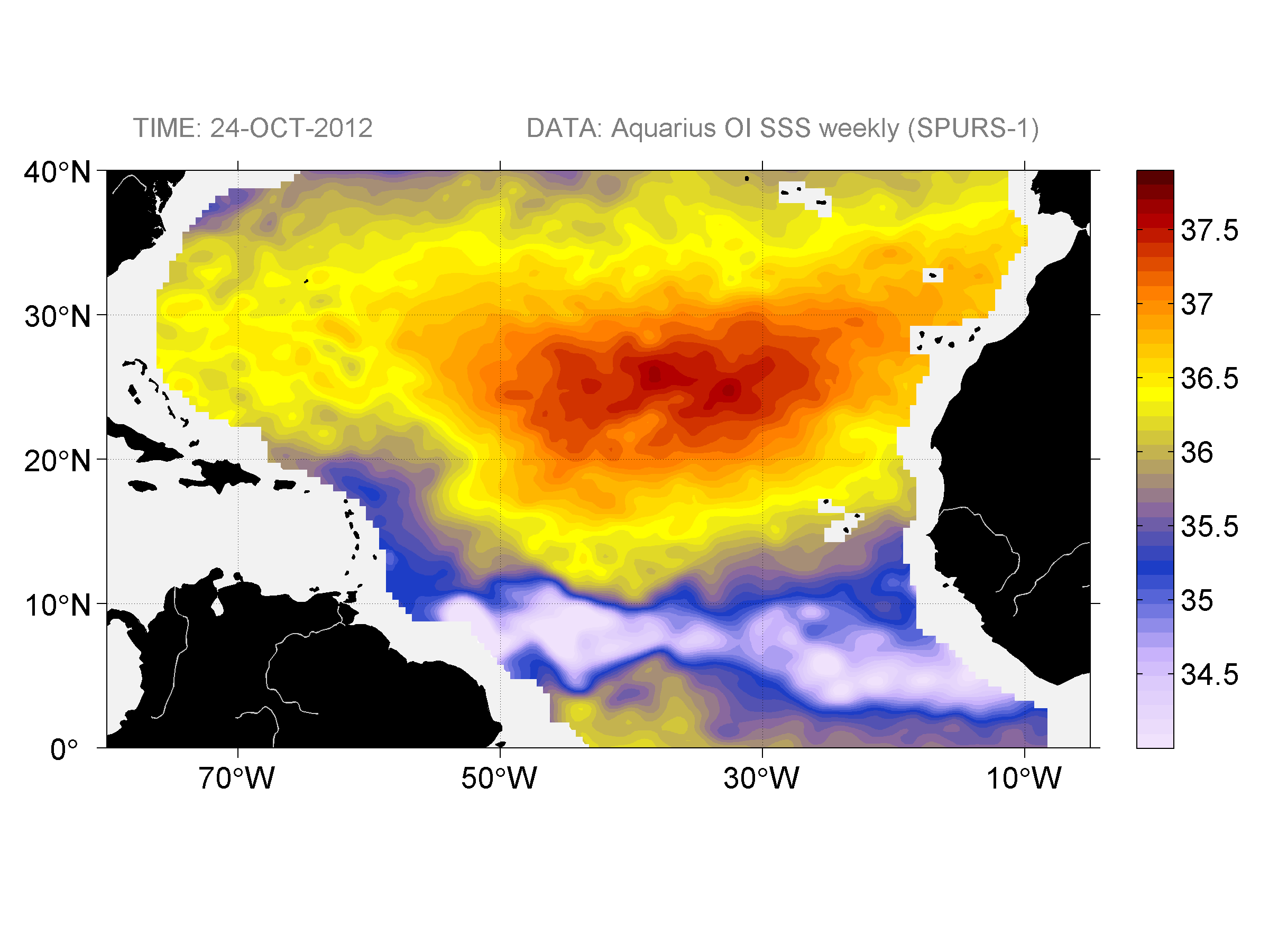 Weekly gridded map of sea surface salinity, week ofOctober 24, 2012.
