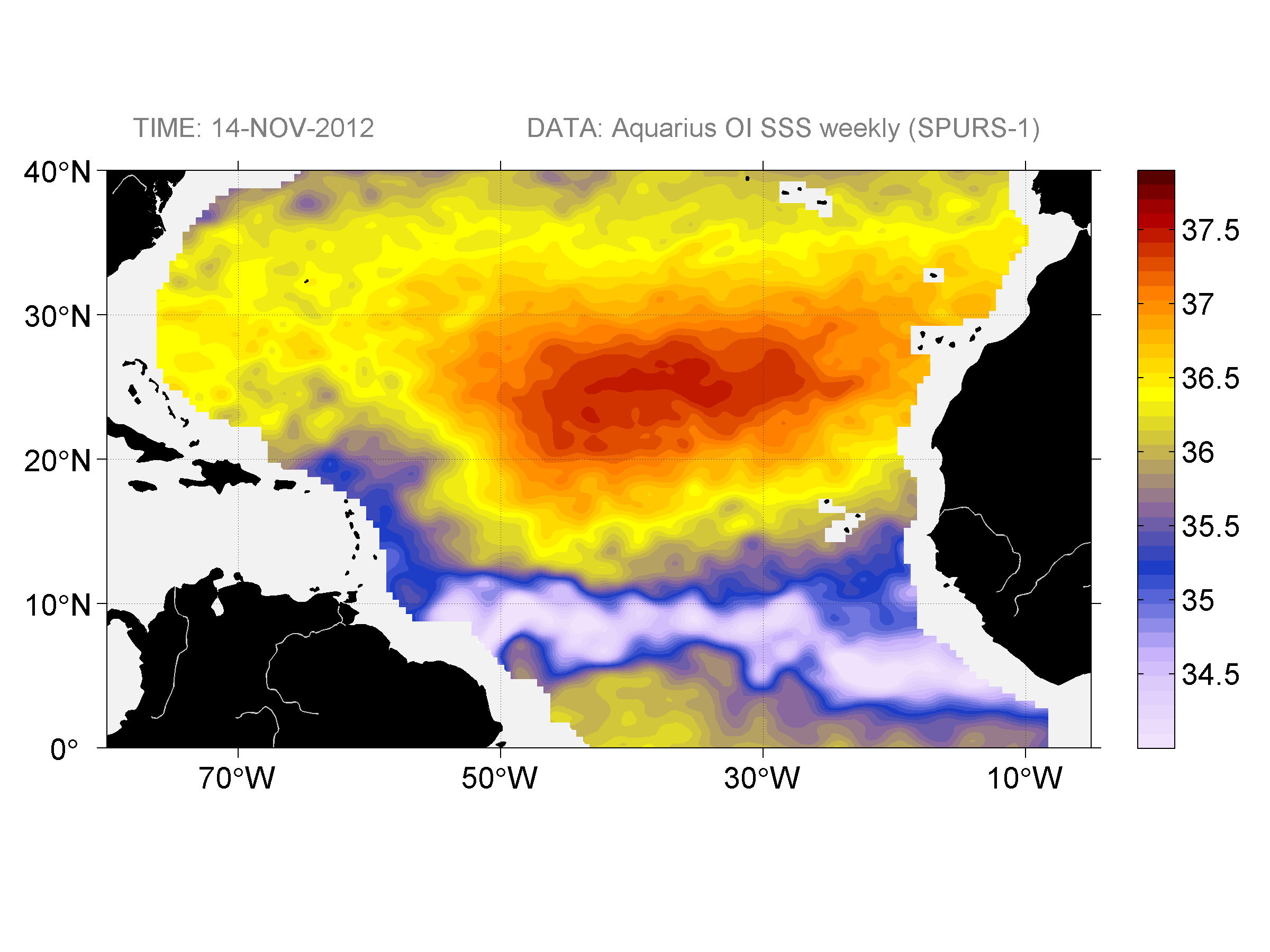 Weekly gridded map of sea surface salinity, week ofNovember 14, 2012.