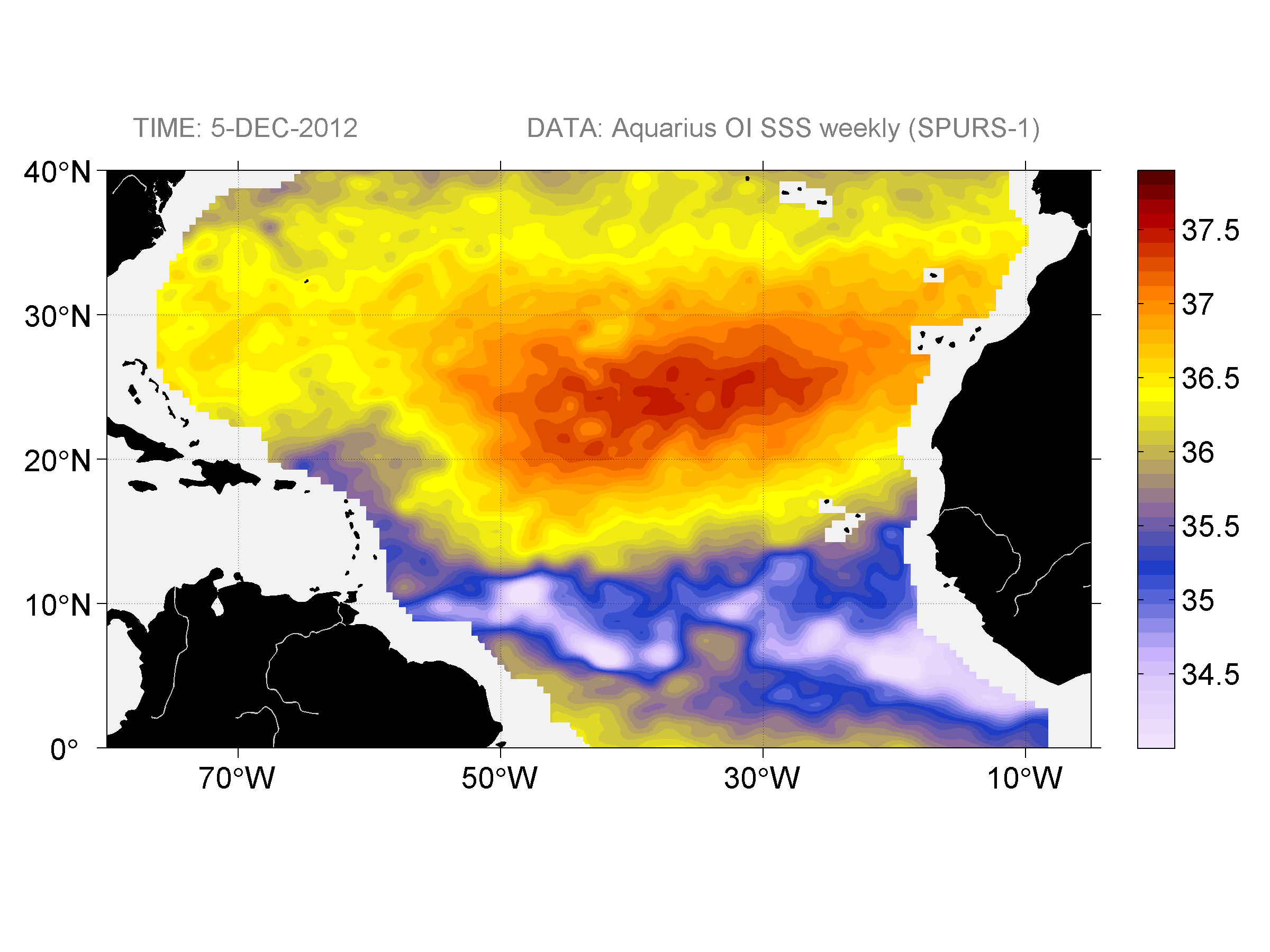 Weekly gridded map of sea surface salinity, week ofDecember 5, 2012.