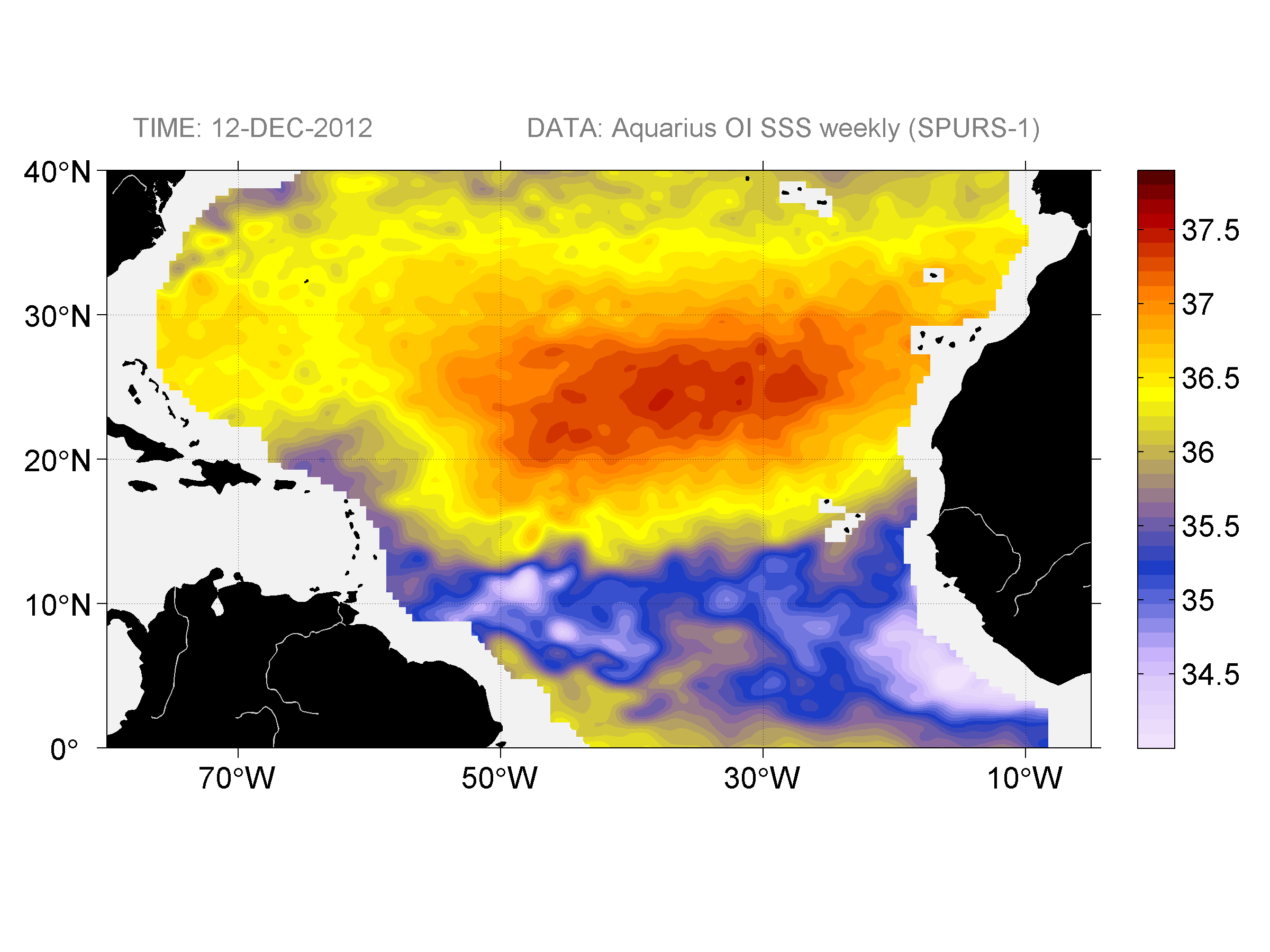 Weekly gridded map of sea surface salinity, week ofDecember 12, 2012.