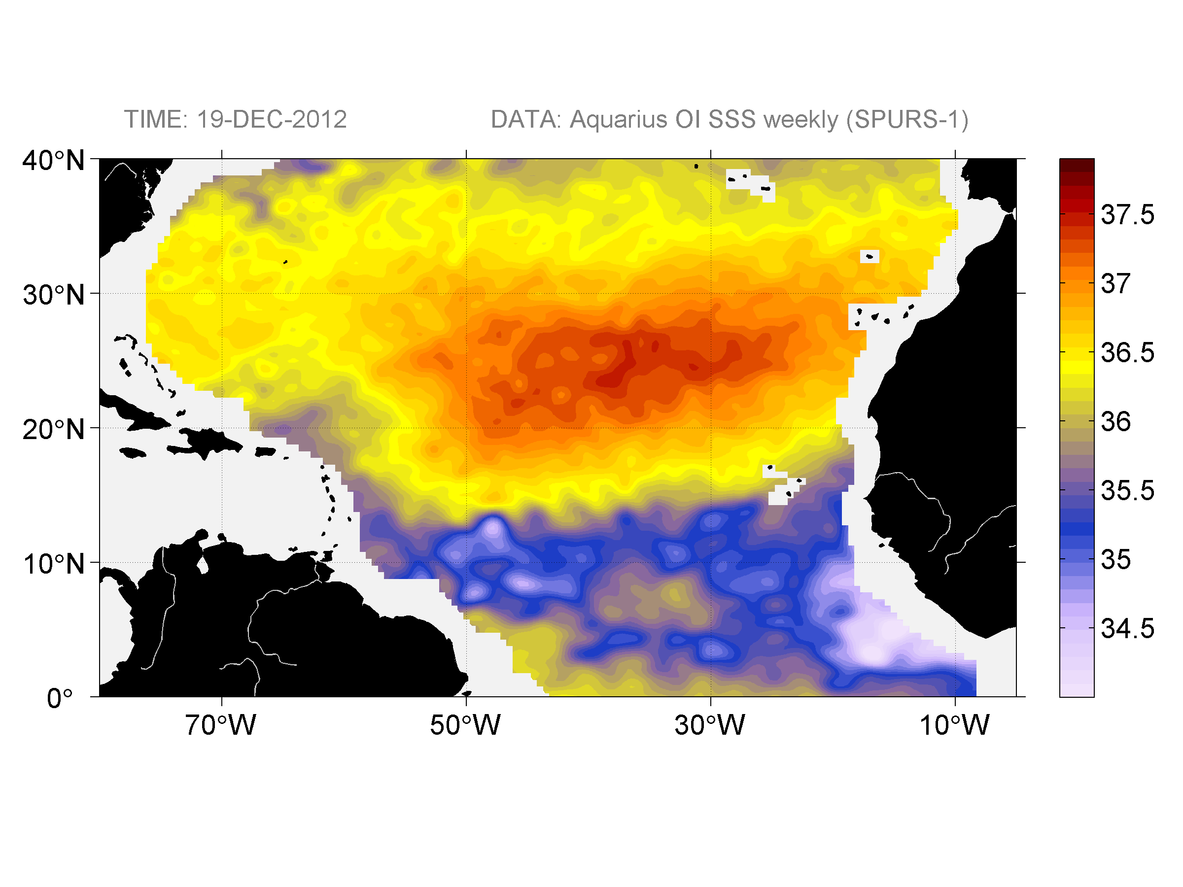 Weekly gridded map of sea surface salinity, week ofDecember 19, 2012.