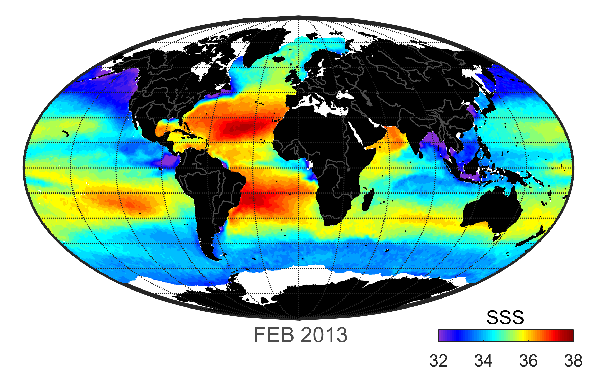 Global map of monthly sea surface salinity, February 2013.