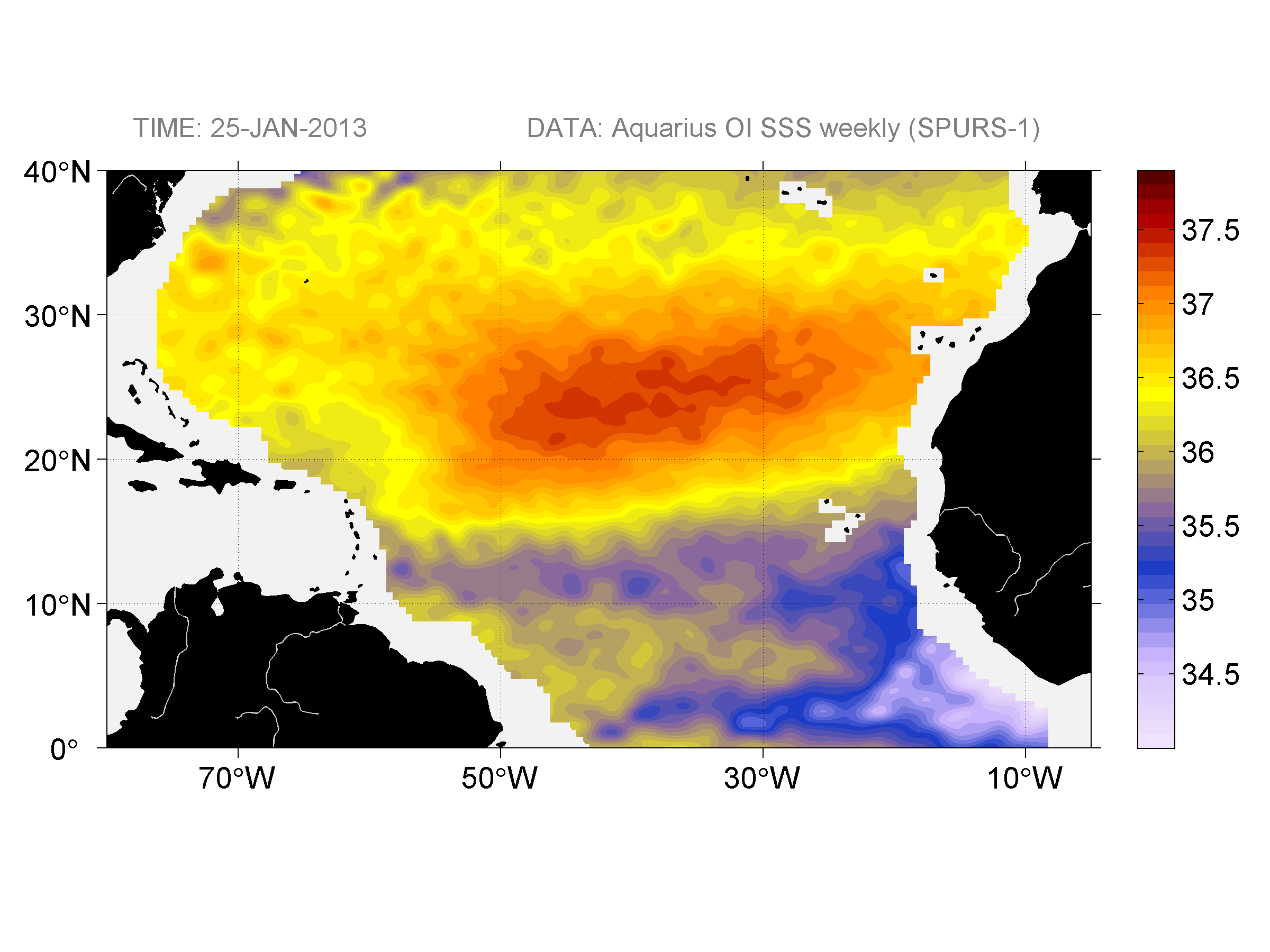 Weekly gridded map of sea surface salinity, week ofJanuary 25, 2013.