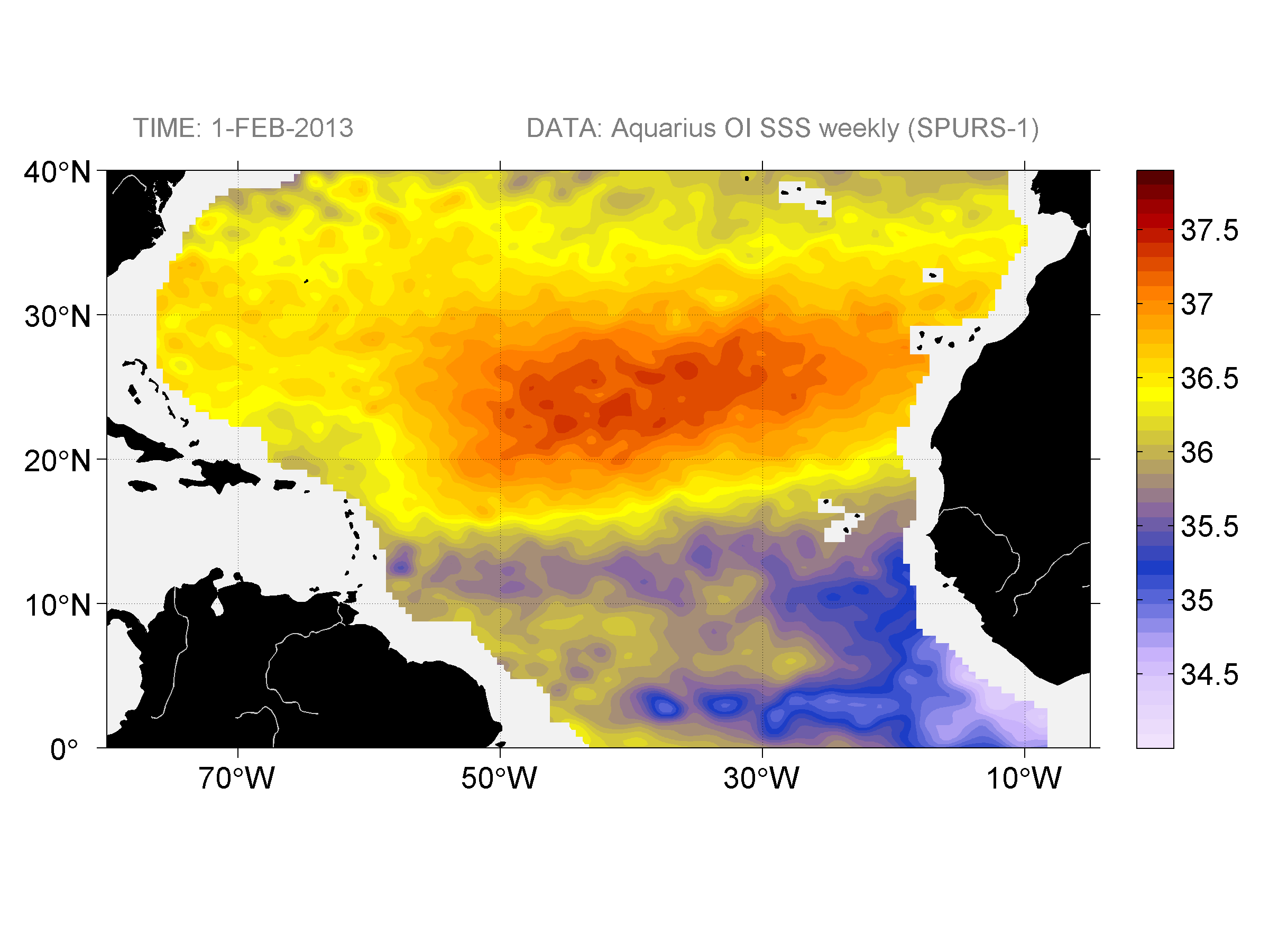 Weekly gridded map of sea surface salinity, week ofFebruary 1, 2013.