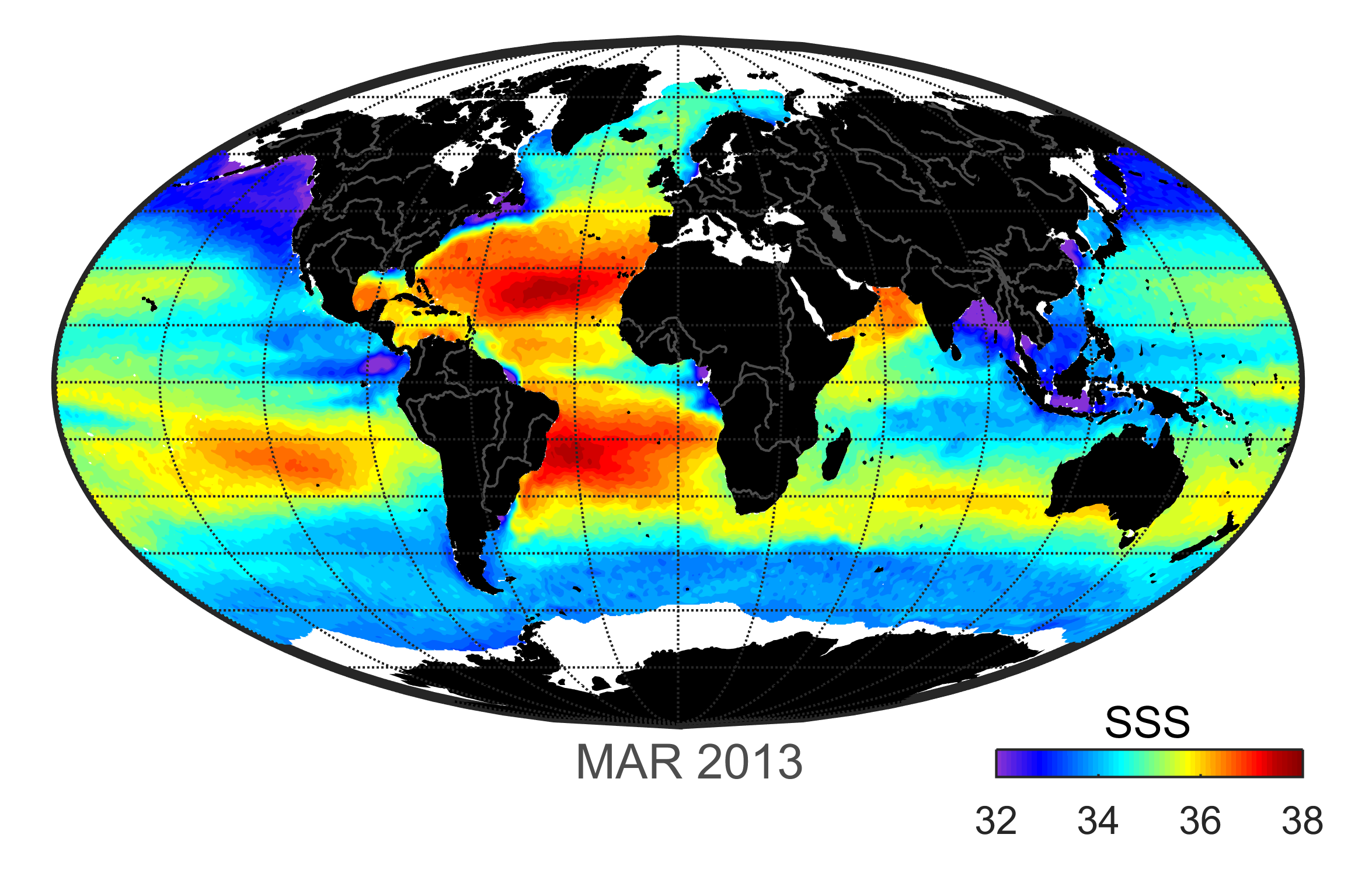 Global map of monthly sea surface salinity, March 2013.