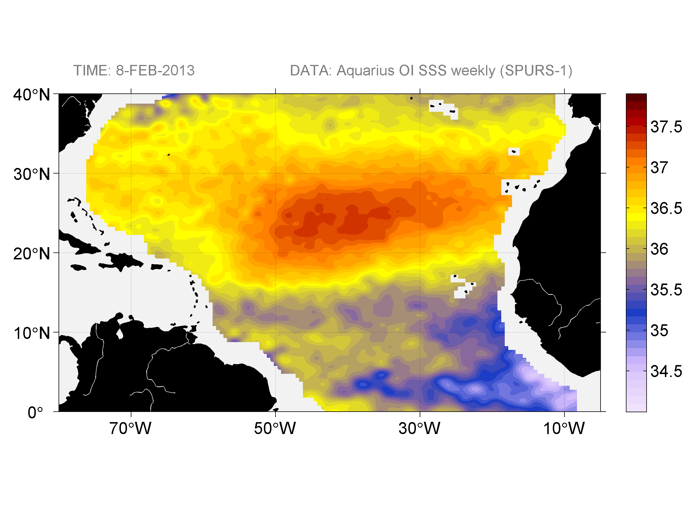 Weekly gridded map of sea surface salinity, week ofFebruary 8, 2013.