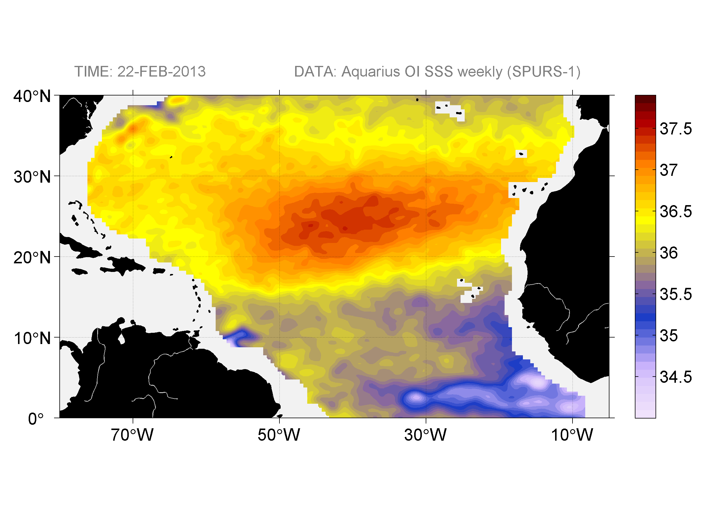 Weekly gridded map of sea surface salinity, week ofFebruary 22, 2013.