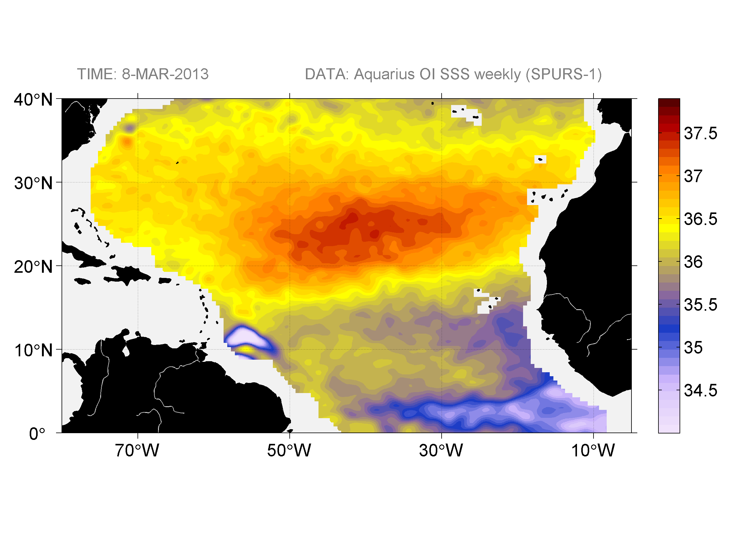 Weekly gridded map of sea surface salinity, week ofMarch 8, 2013.