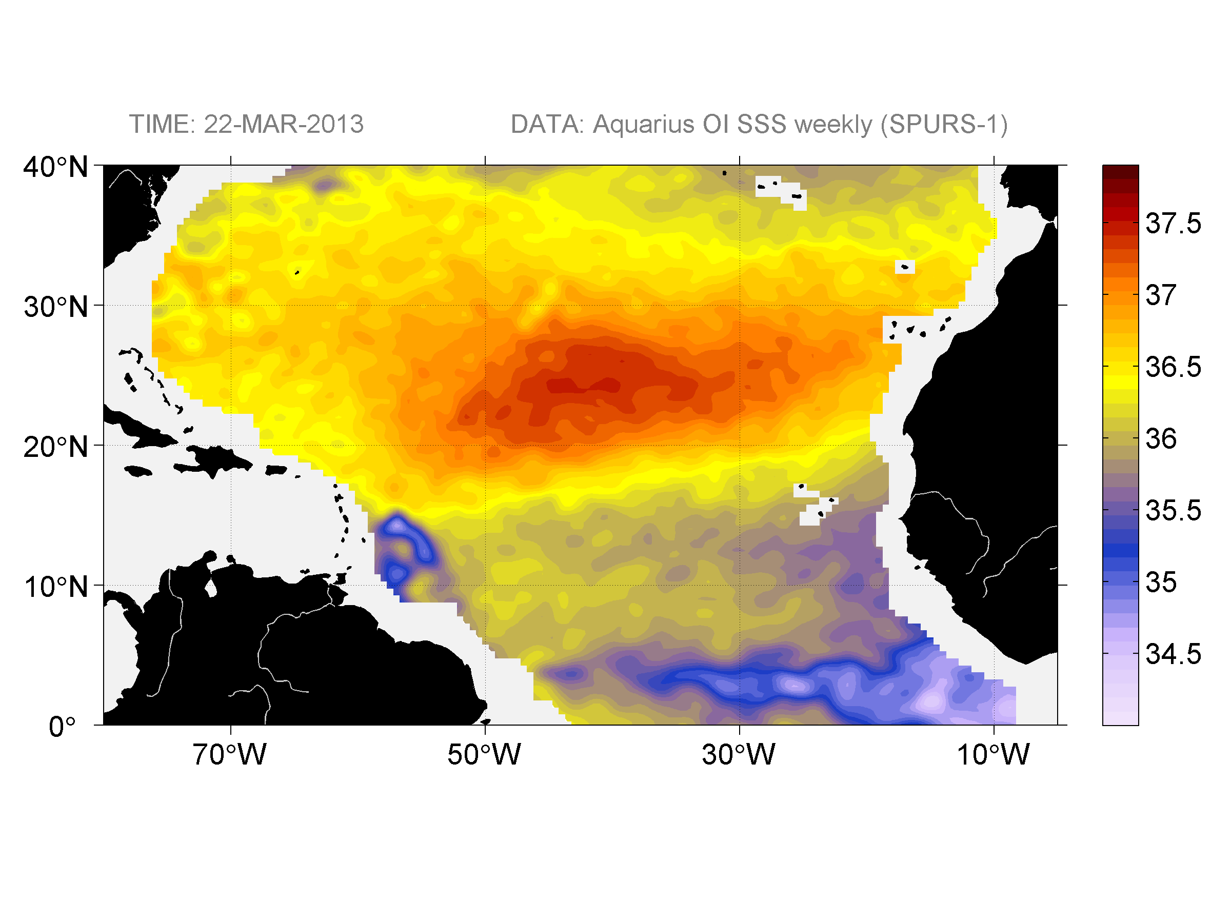 Weekly gridded map of sea surface salinity, week ofMarch 22, 2013.
