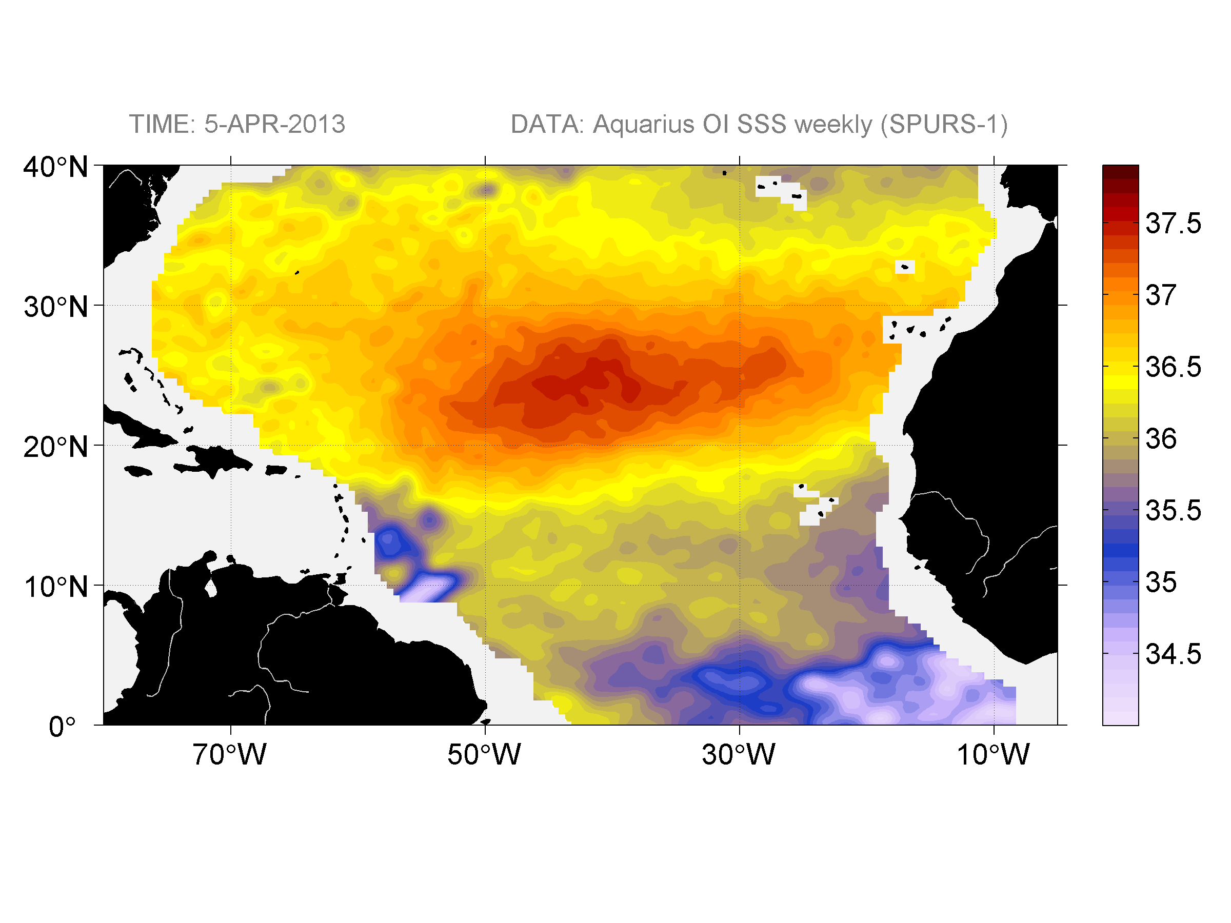 Weekly gridded map of sea surface salinity, week ofApril 5, 2013.