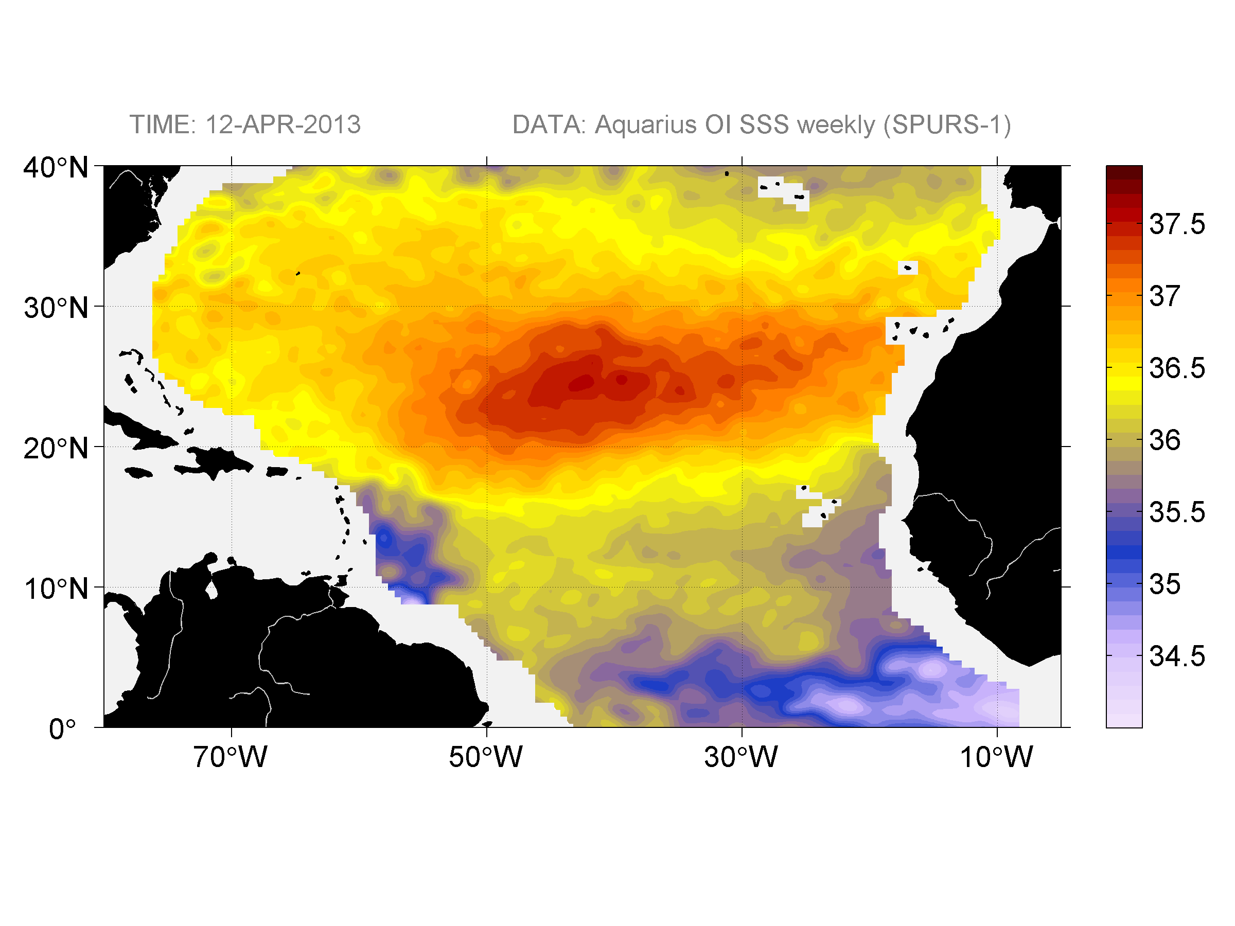 Weekly gridded map of sea surface salinity, week ofApril 12, 2013.