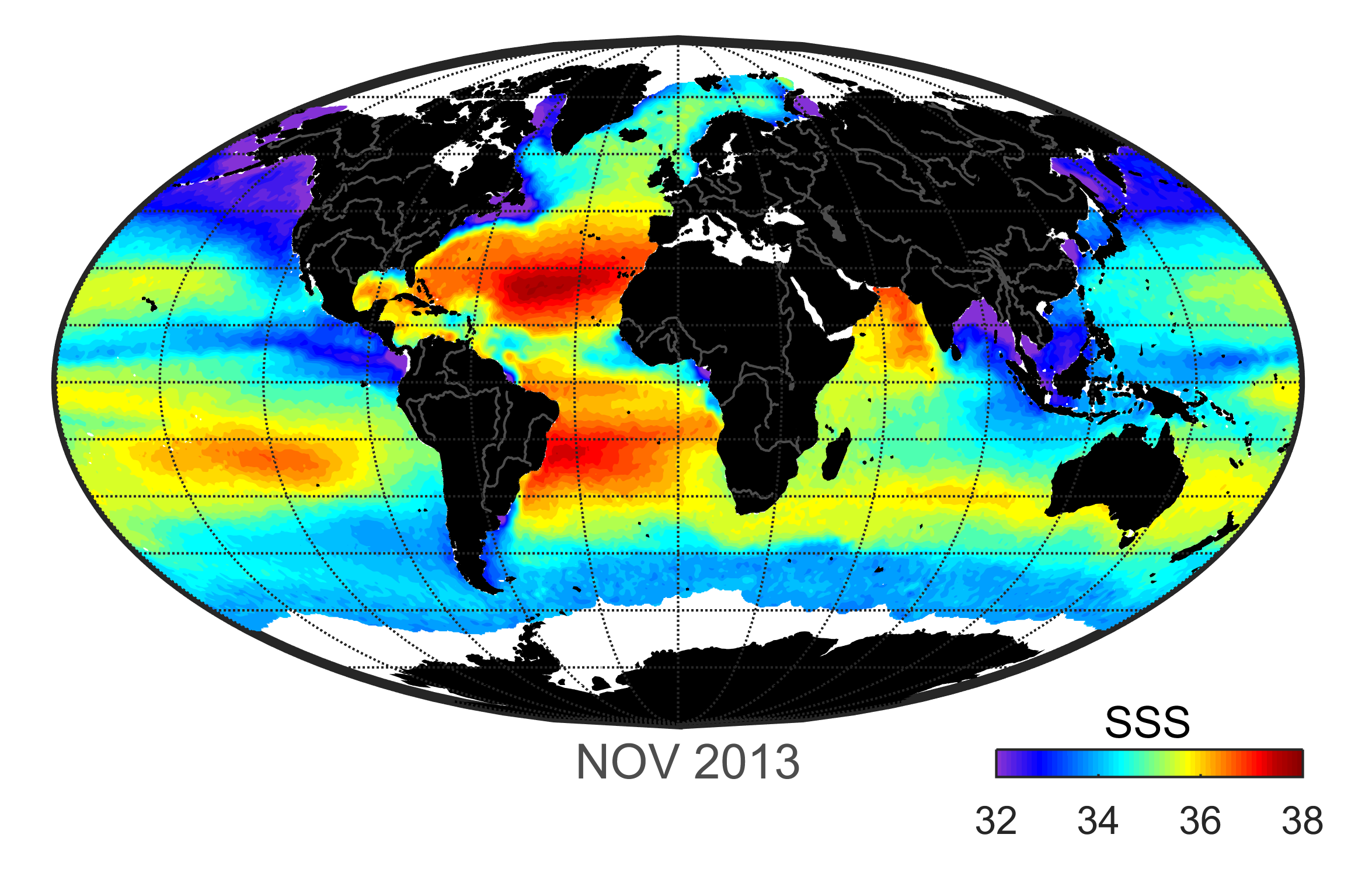 Global map of monthly sea surface salinity, November 2013.