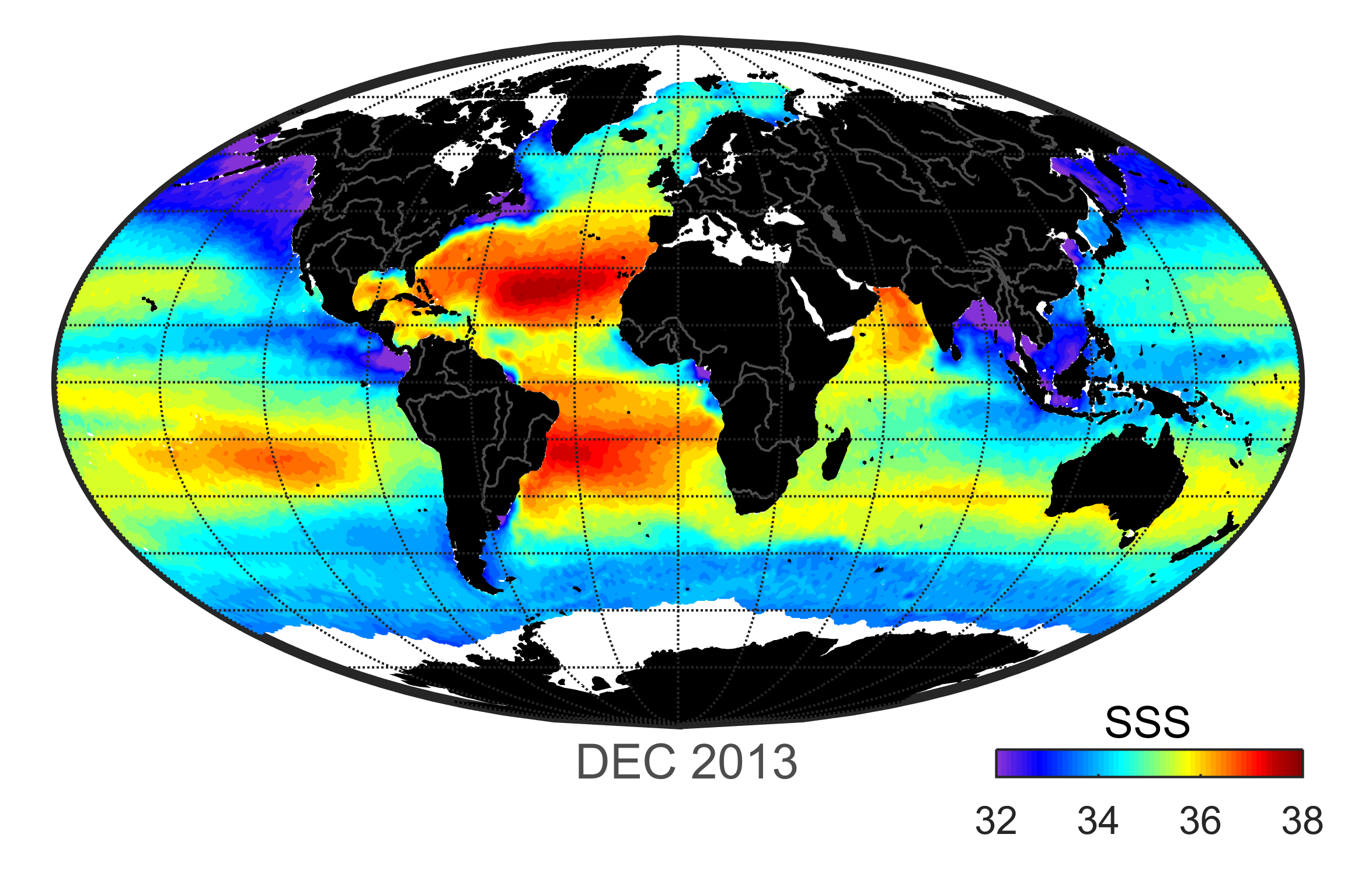 Global map of monthly sea surface salinity data, December 2013