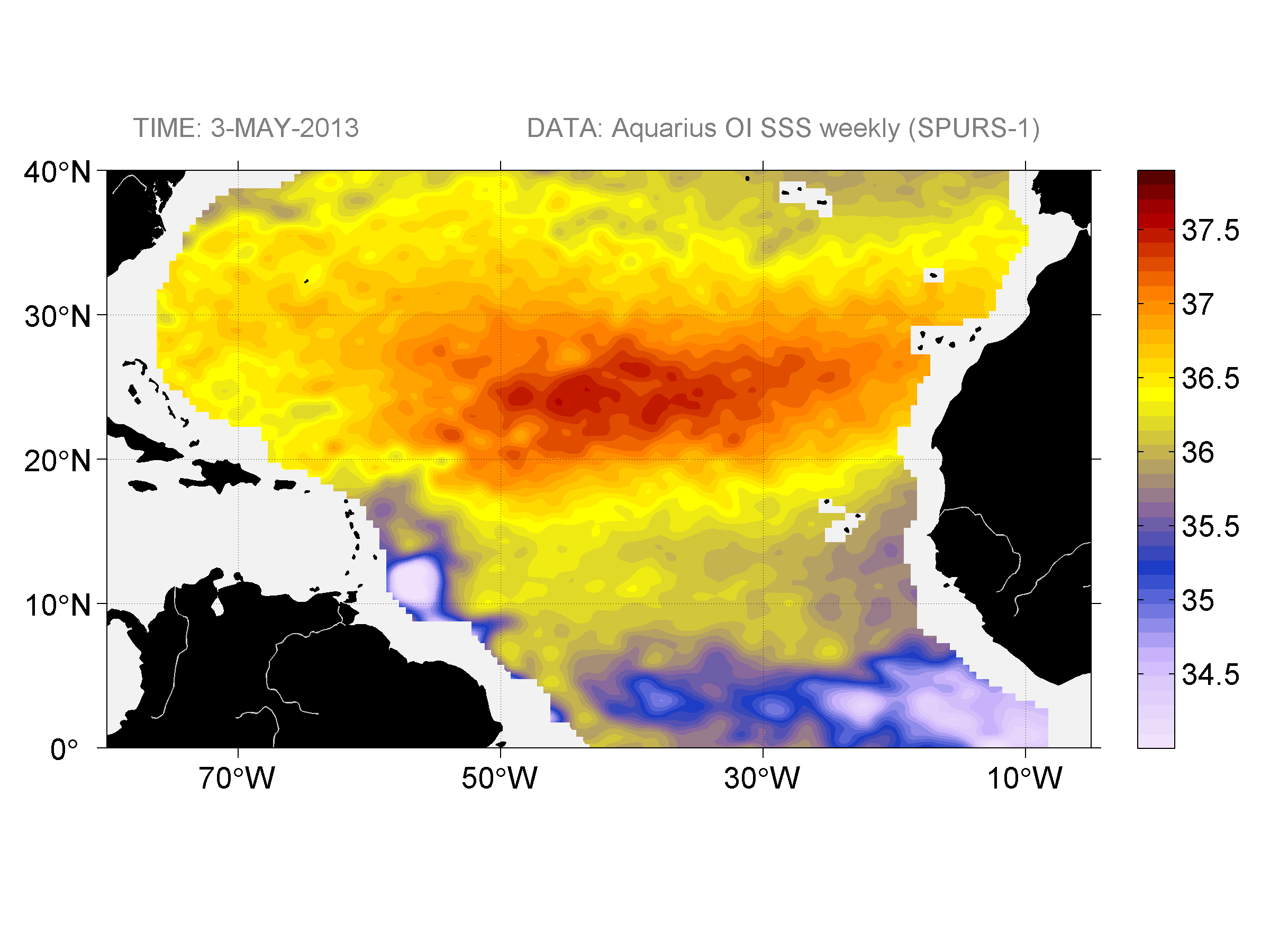 Weekly gridded map of sea surface salinity, week ofMay 3, 2013.