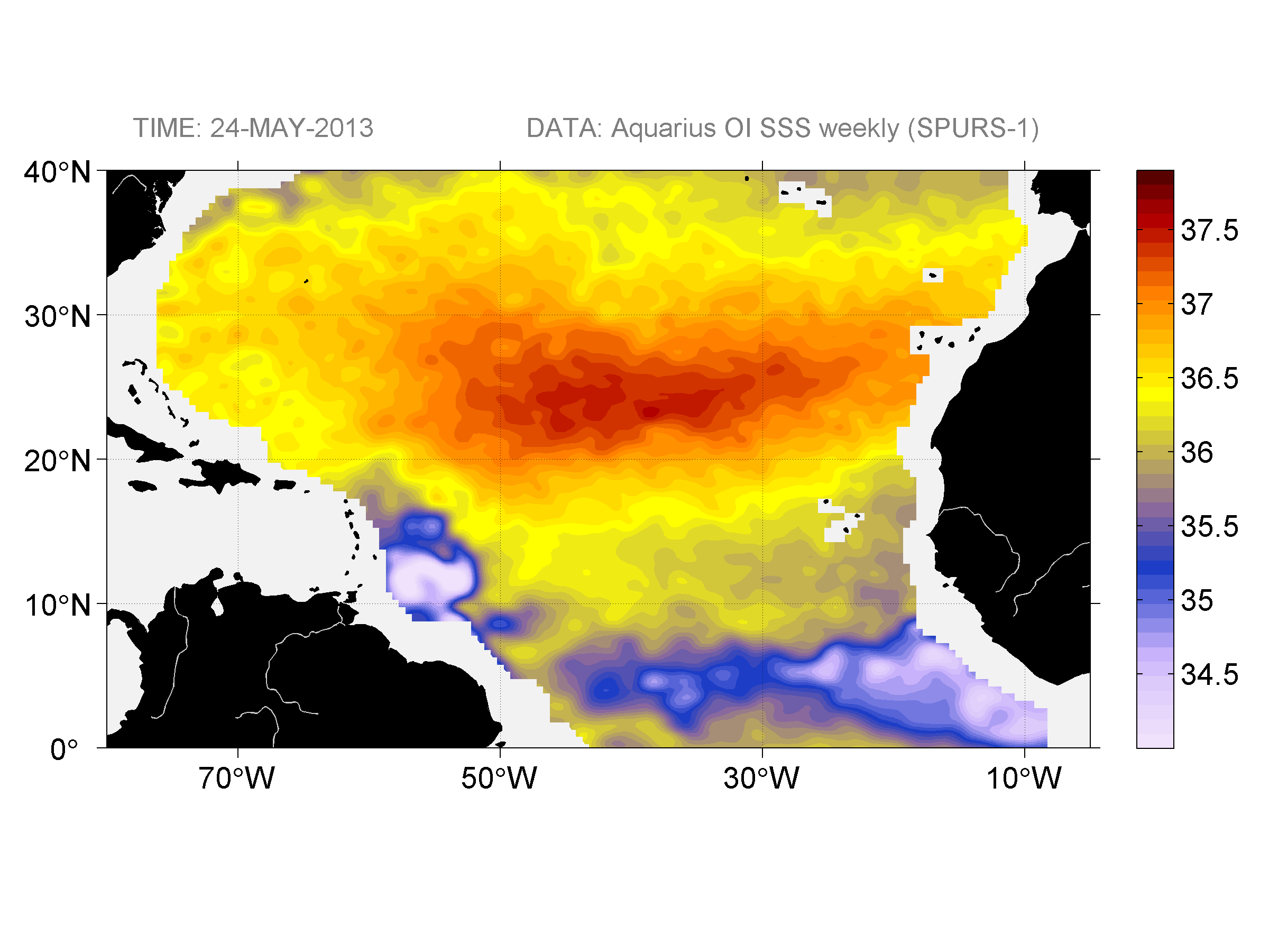 Weekly gridded map of sea surface salinity, week ofMay 24, 2013.