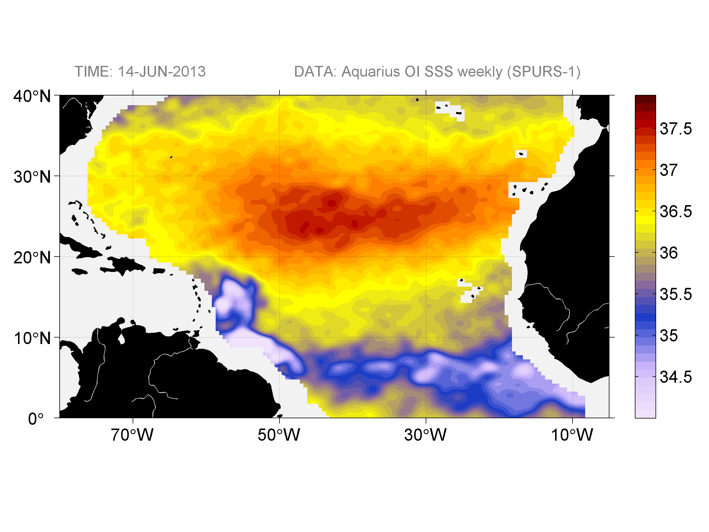 Weekly gridded map of sea surface salinity, week ofJune 14, 2013.