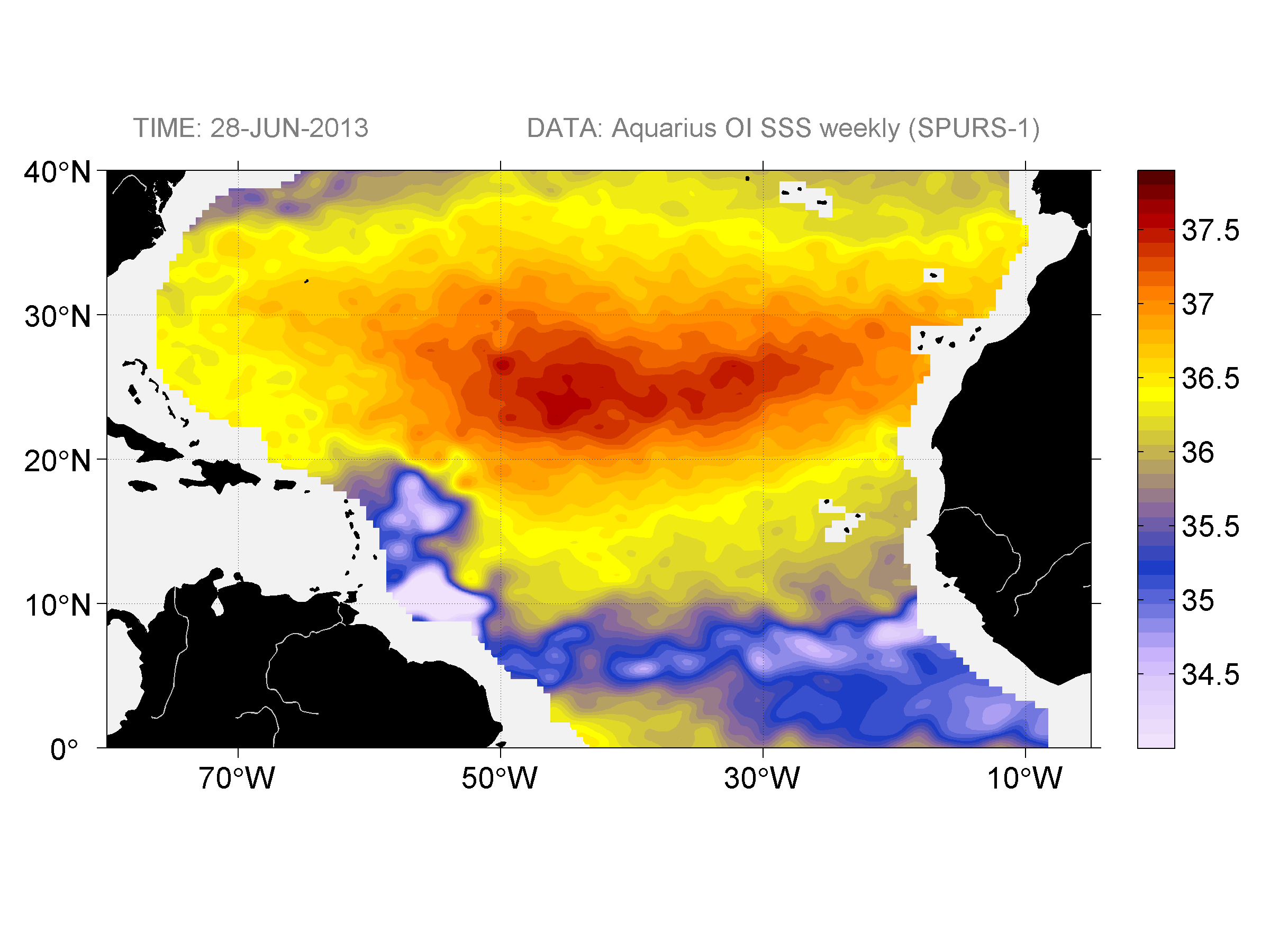 Weekly gridded map of sea surface salinity, week ofJune 28, 2013.