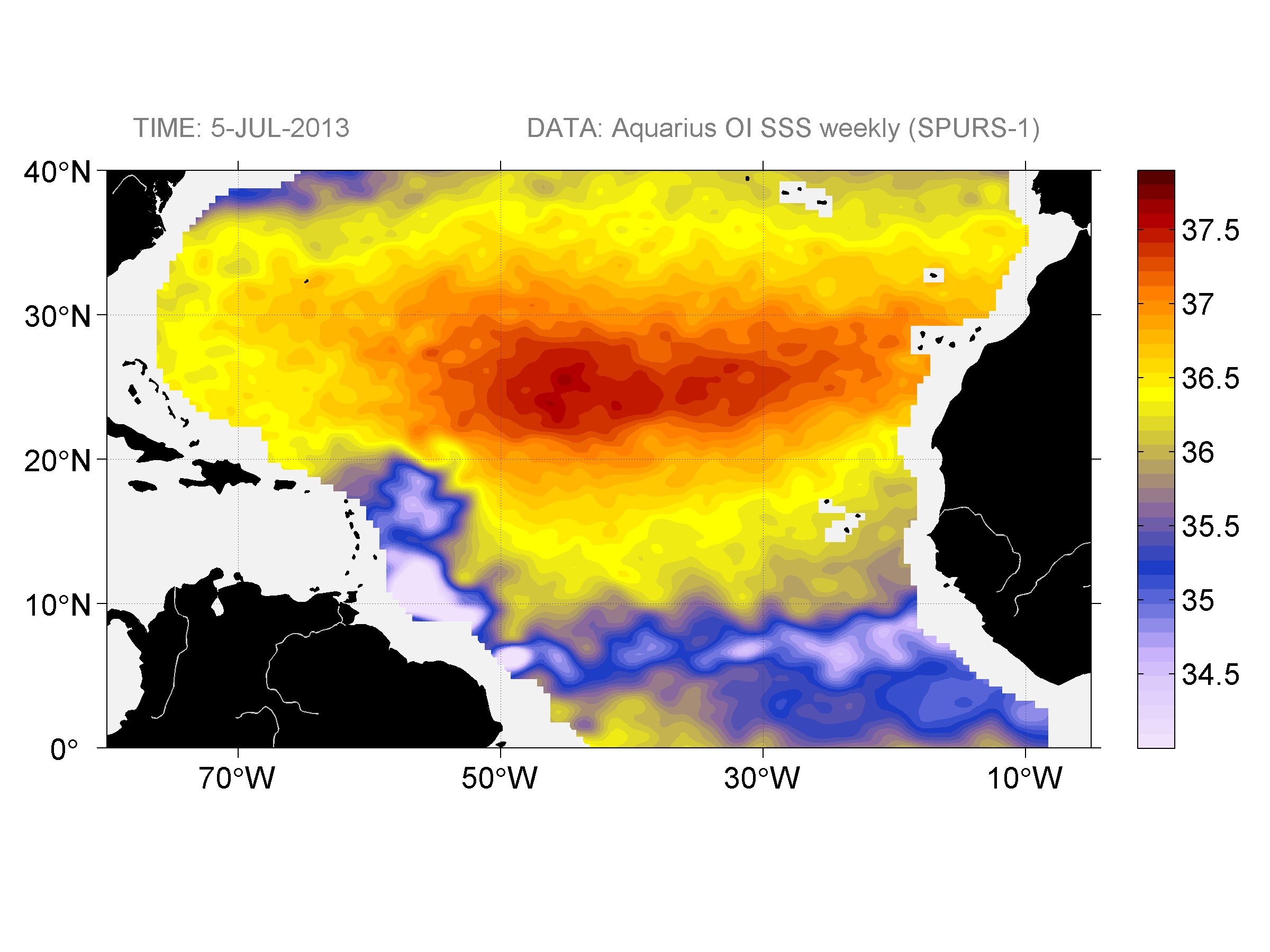 Weekly gridded map of sea surface salinity, week ofJuly 5, 2013.