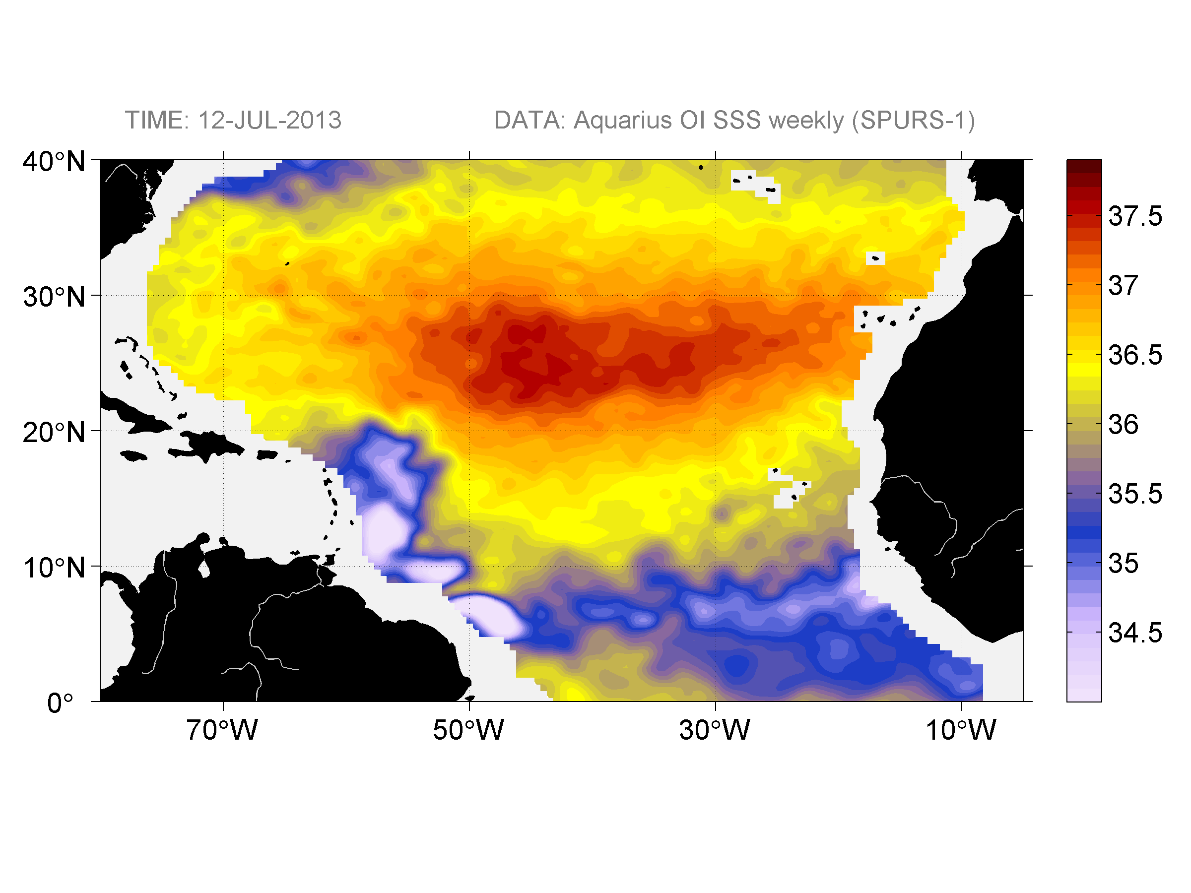 Weekly gridded map of sea surface salinity, week ofJuly 12, 2013.