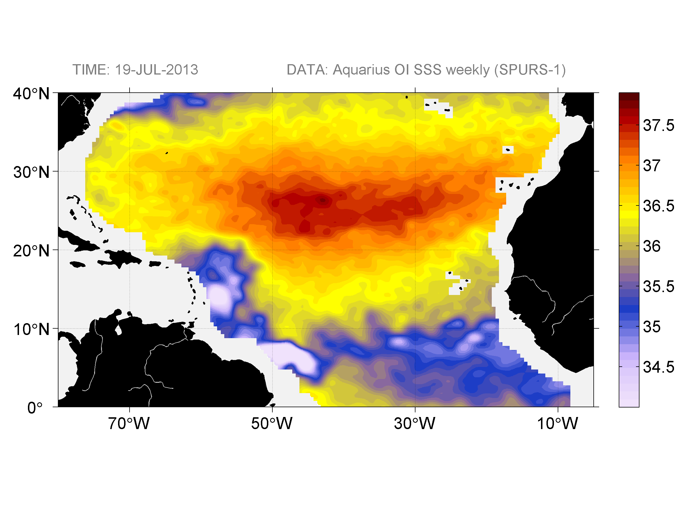 Weekly gridded map of sea surface salinity, week ofJuly 19, 2013.