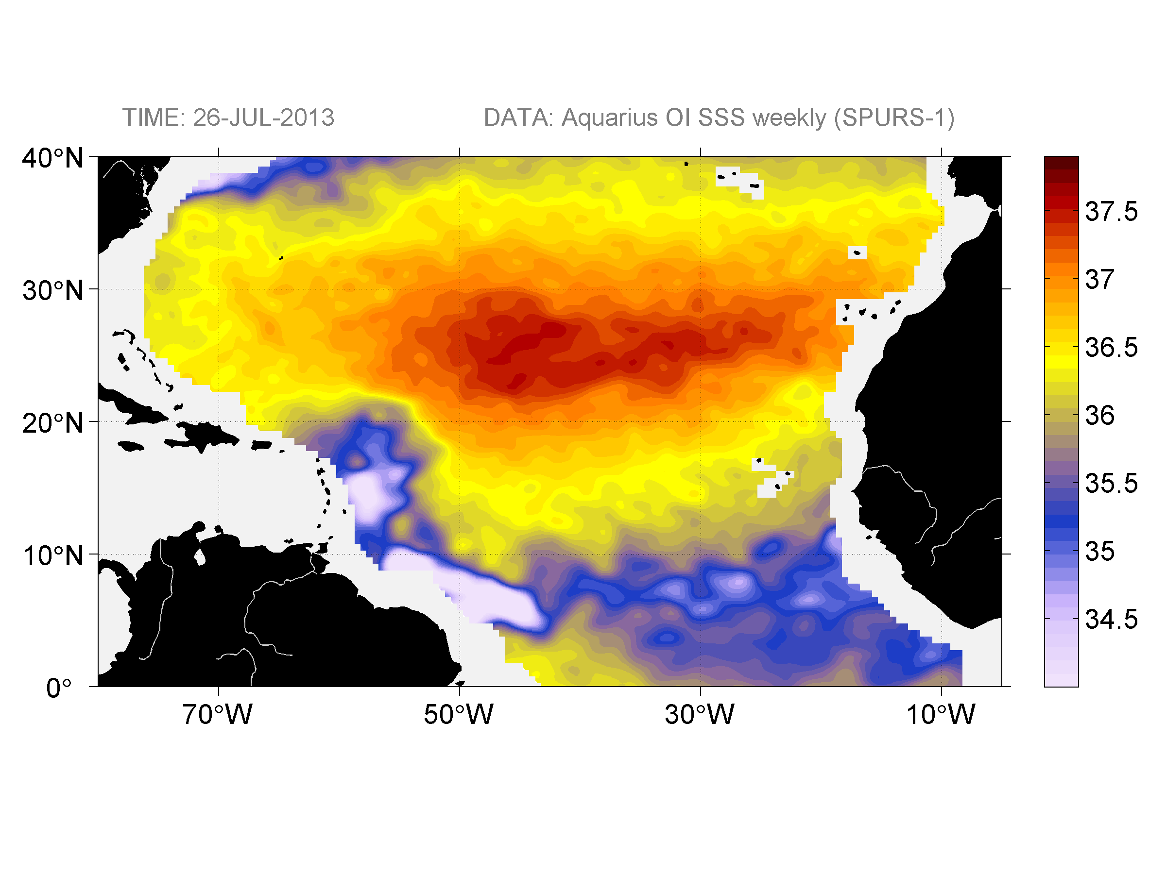 Weekly gridded map of sea surface salinity, week ofJuly 26, 2013.