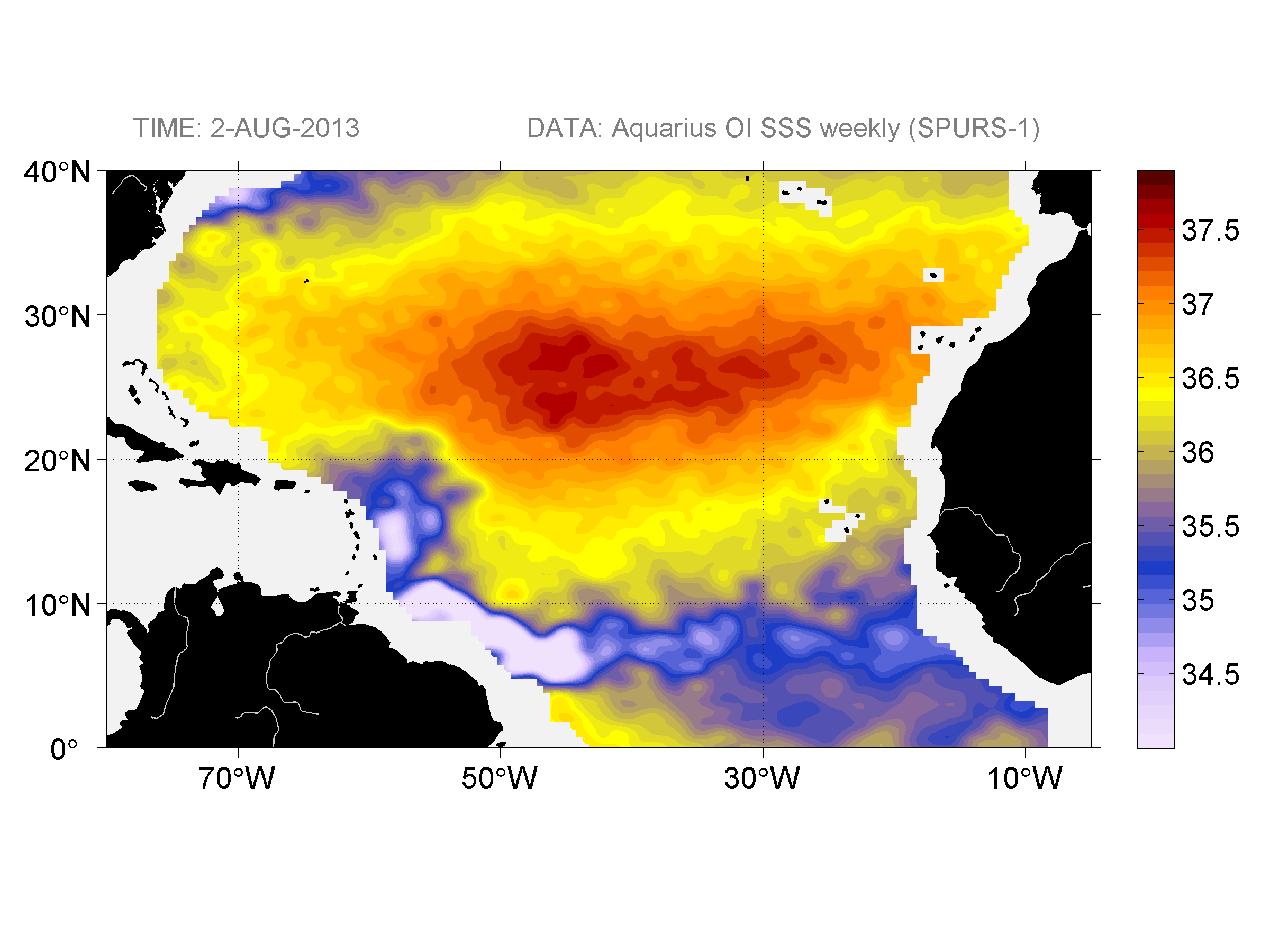 Weekly gridded map of sea surface salinity, week ofAugust 2, 2013.