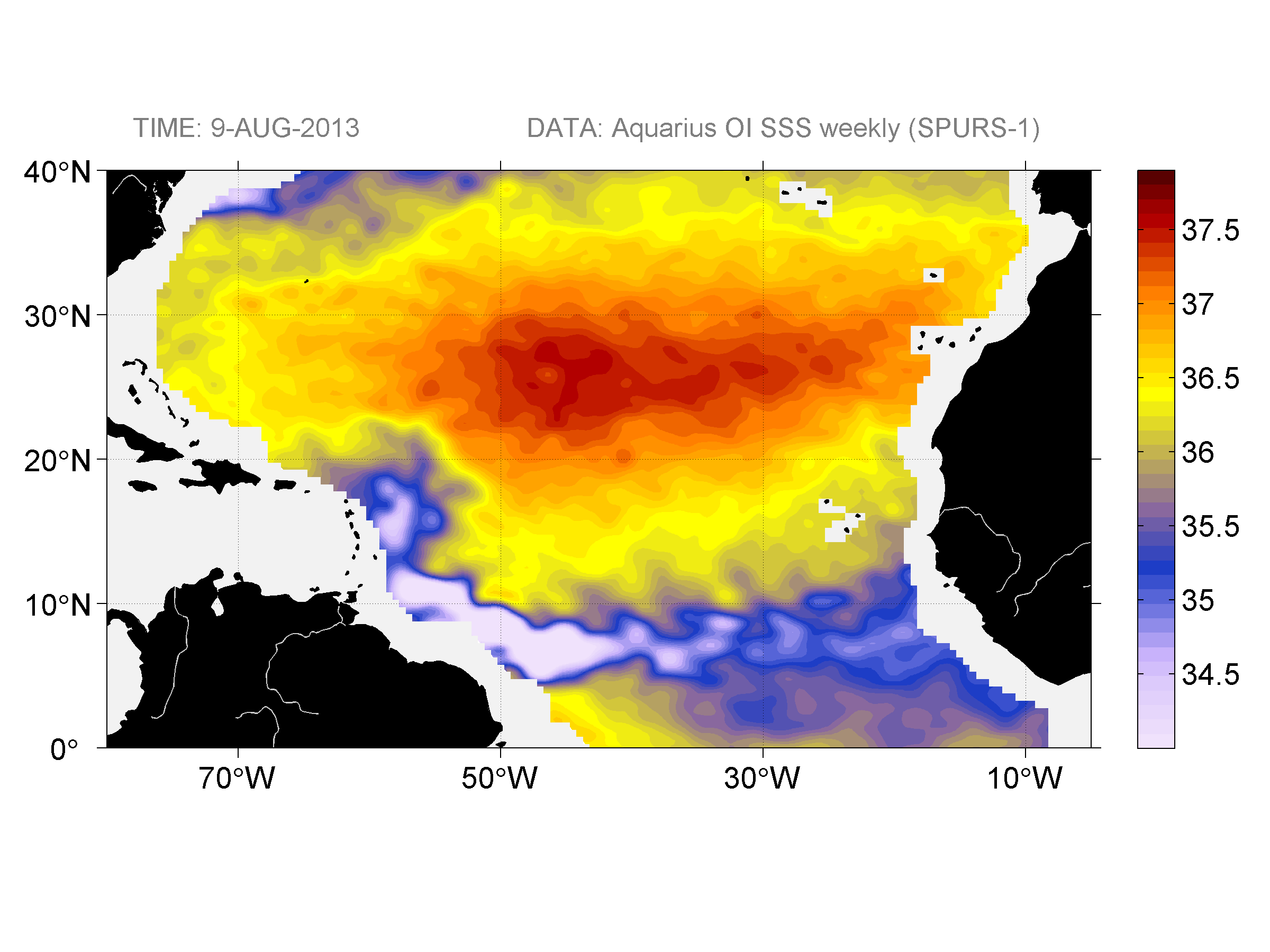 Weekly gridded map of sea surface salinity, week ofAugust 9, 2013.