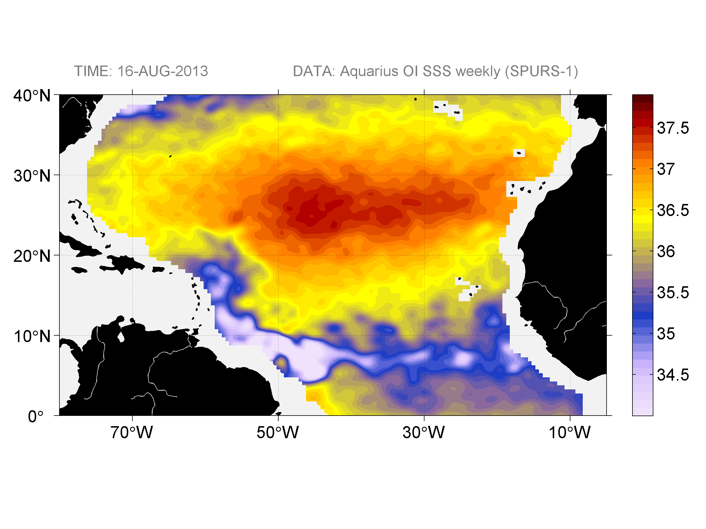 Weekly gridded map of sea surface salinity, week ofAugust 16, 2013.