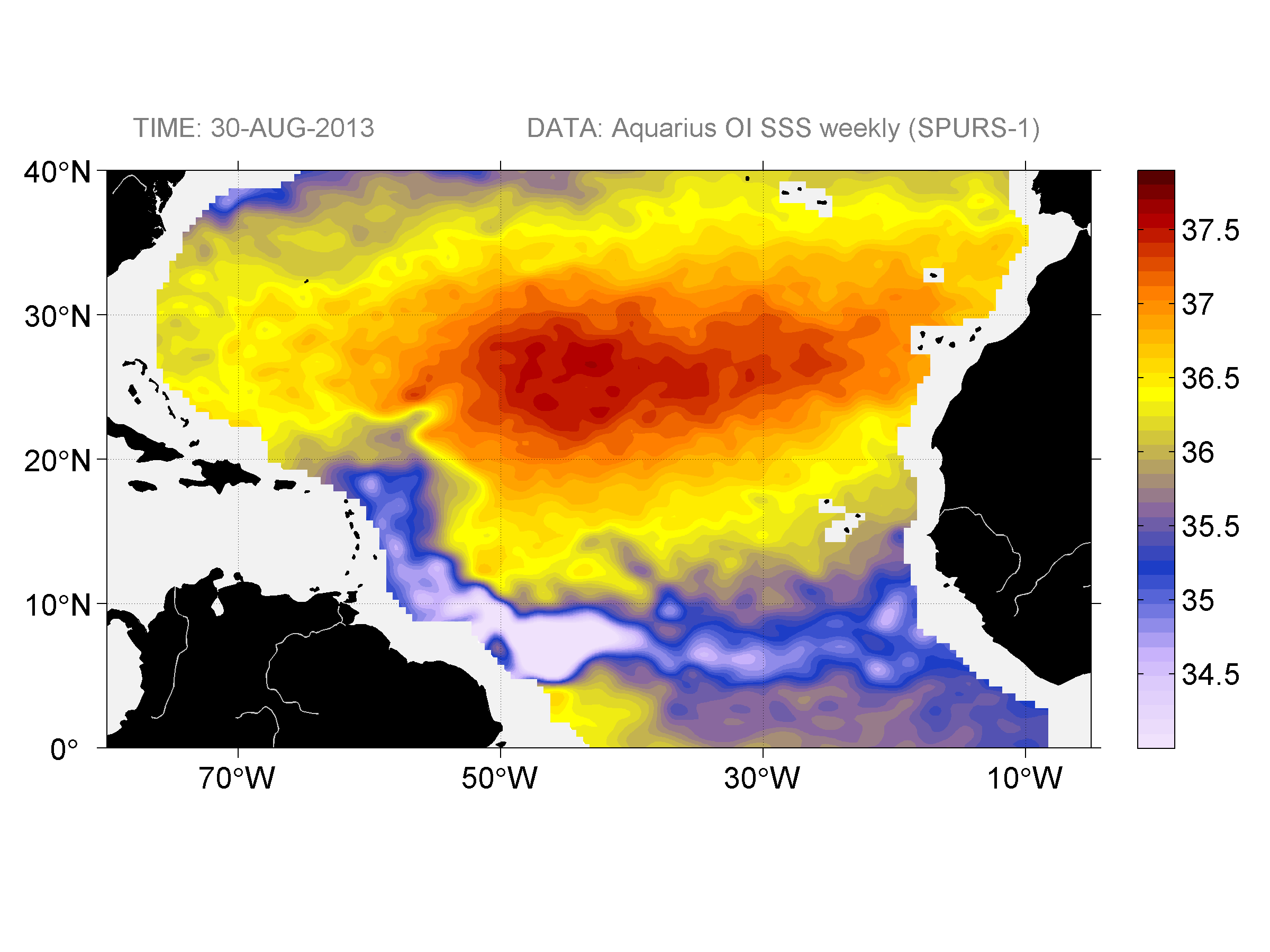 Weekly gridded map of sea surface salinity, week ofAugust 30, 2013.
