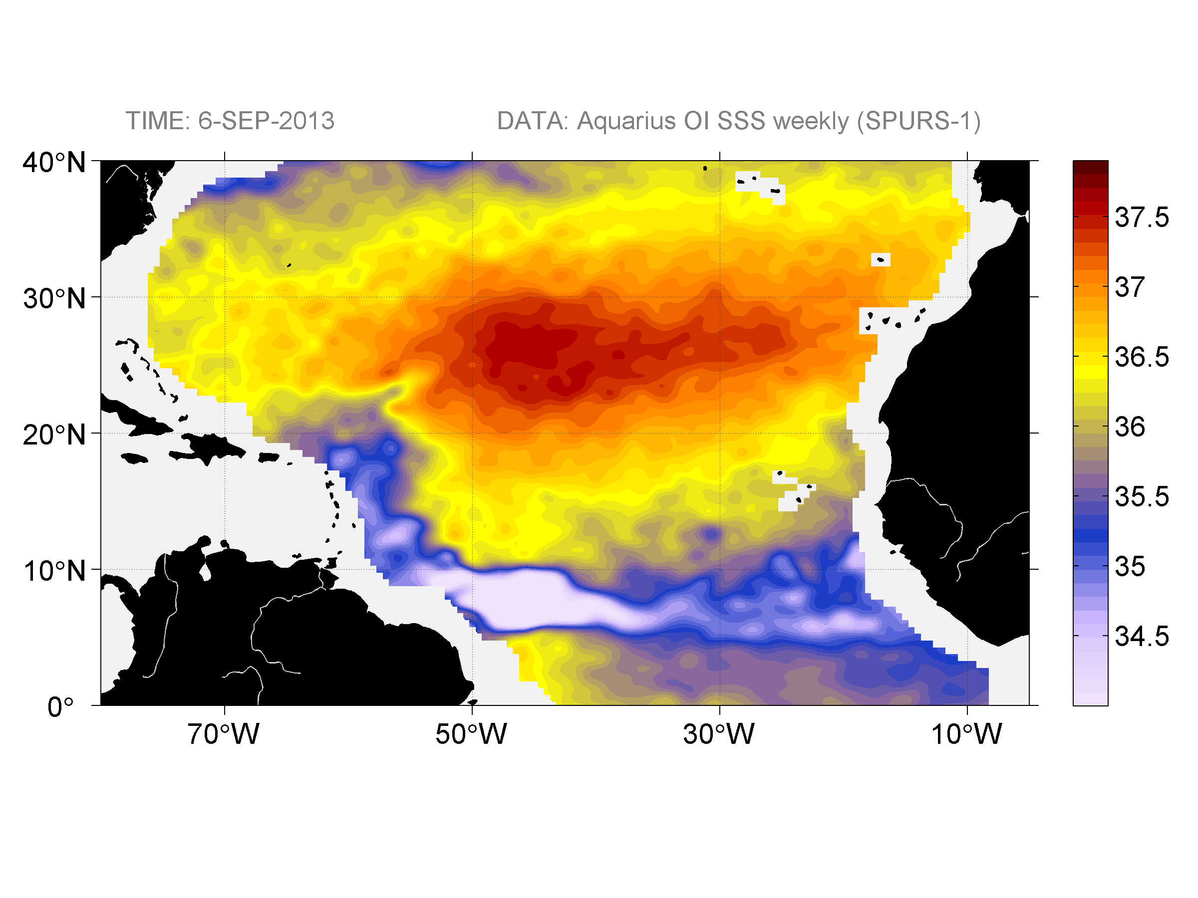 Weekly gridded map of sea surface salinity, week ofSeptember 6, 2013.