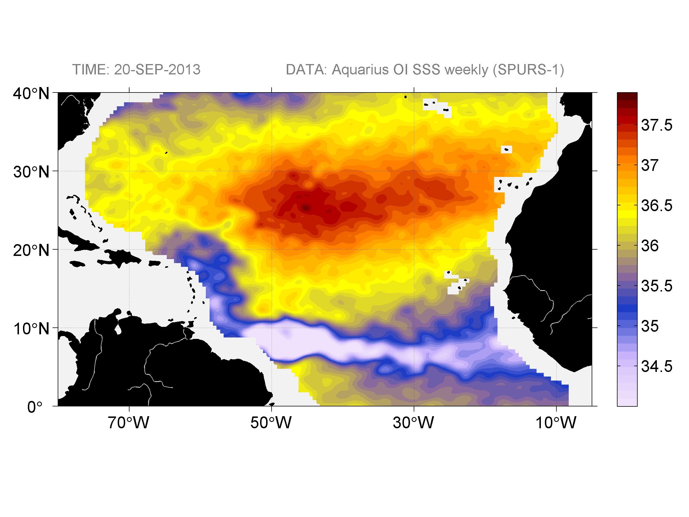 Weekly gridded map of sea surface salinity, week ofSeptember 20, 2013.